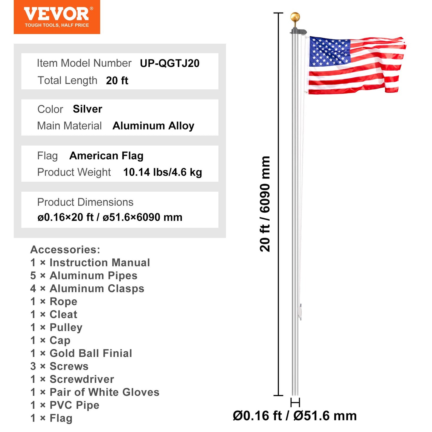 20FT Sectional Flag pole Kit, Heavy Duty Aluminum Alloy in Ground Flag poles for Outside, 3 Display Modes Flagpole with 3x5 American Flag, Professional Accessories, Silver