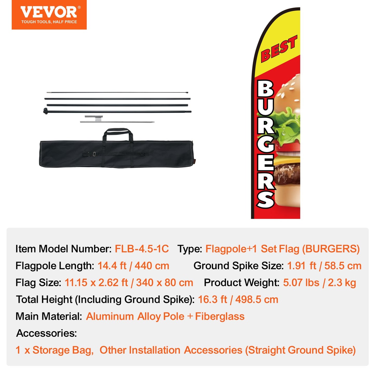 Burger Restaurant Advertising Feather Flag with Pole Kit, Advertising Flags for Business Outside, Includes 1 Banner Flag, 1 Pole, 1 Ground Stake, Swooper Flag for Businesses 16.3 FT