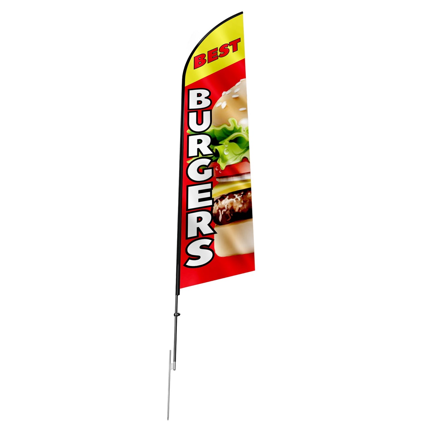 Burger Restaurant Advertising Feather Flag with Pole Kit, Advertising Flags for Business Outside, Includes 1 Banner Flag, 1 Pole, 1 Ground Stake, Swooper Flag for Businesses 16.3 FT