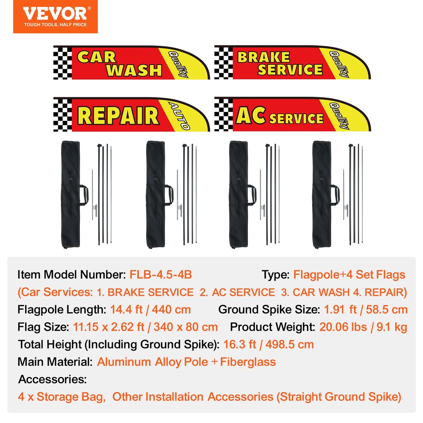 Auto Repair Advertising Feather Flag with Pole Kit, Advertising Flags for Business Outside, Includes 4 Banner Flags, 4 Poles, 4 Ground Stakes, Swooper Flags for Businesses 16.3 FT