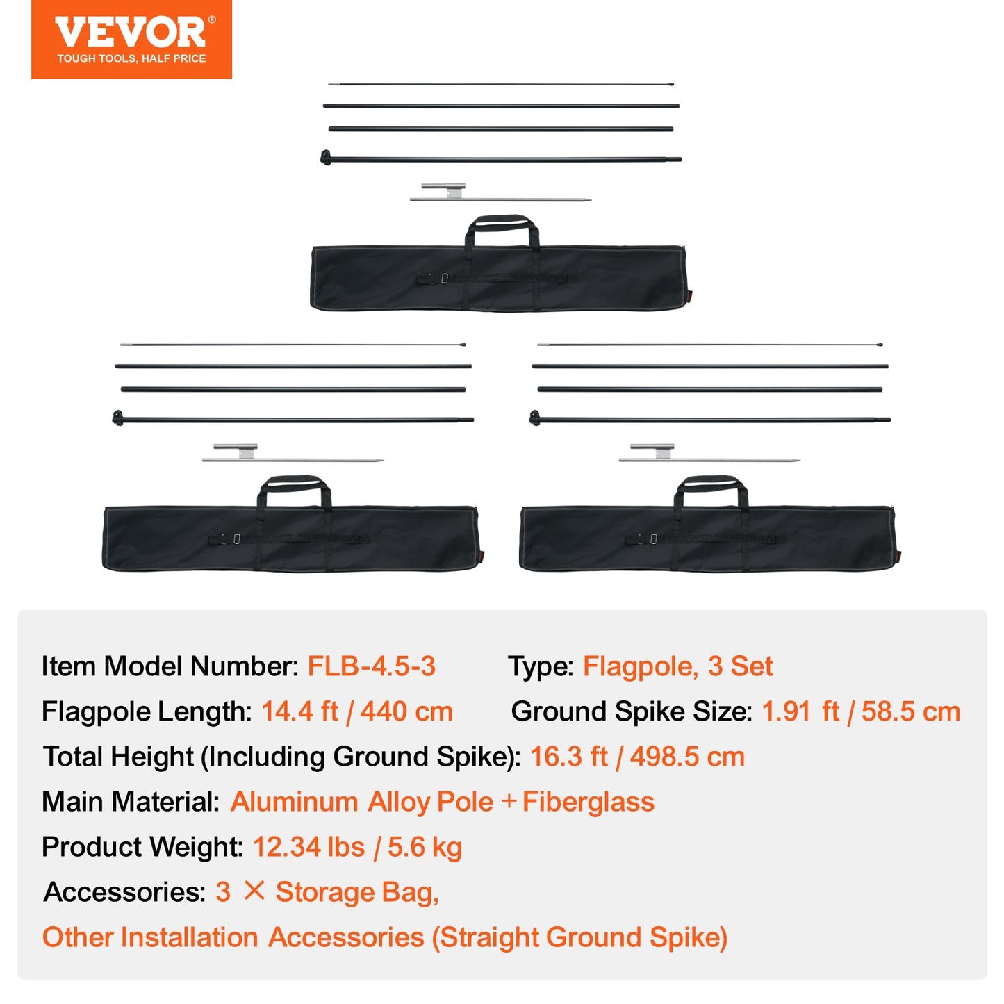 Feather Flag Pole Kit, 3 Packs Swooper Flag Pole 16.3 ft, Sign Flag Poles for Business Advertising Flags Outdoor, with Ground Stakes and A Carrying Bag (Flag Not Included)