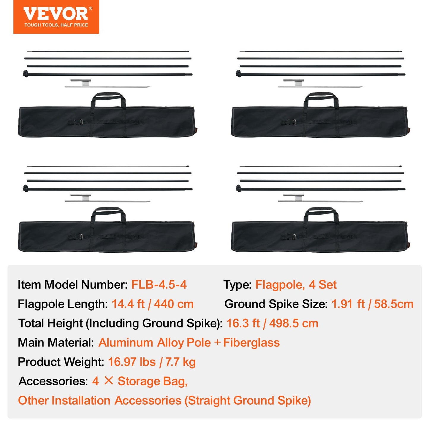 Feather Flag Pole Kit, 4 Packs Swooper Flag Pole 16.3 ft, Sign Flag Poles for Business Advertising Flags Outdoor, with Ground Stakes and A Carrying Bag (Flag Not Included)