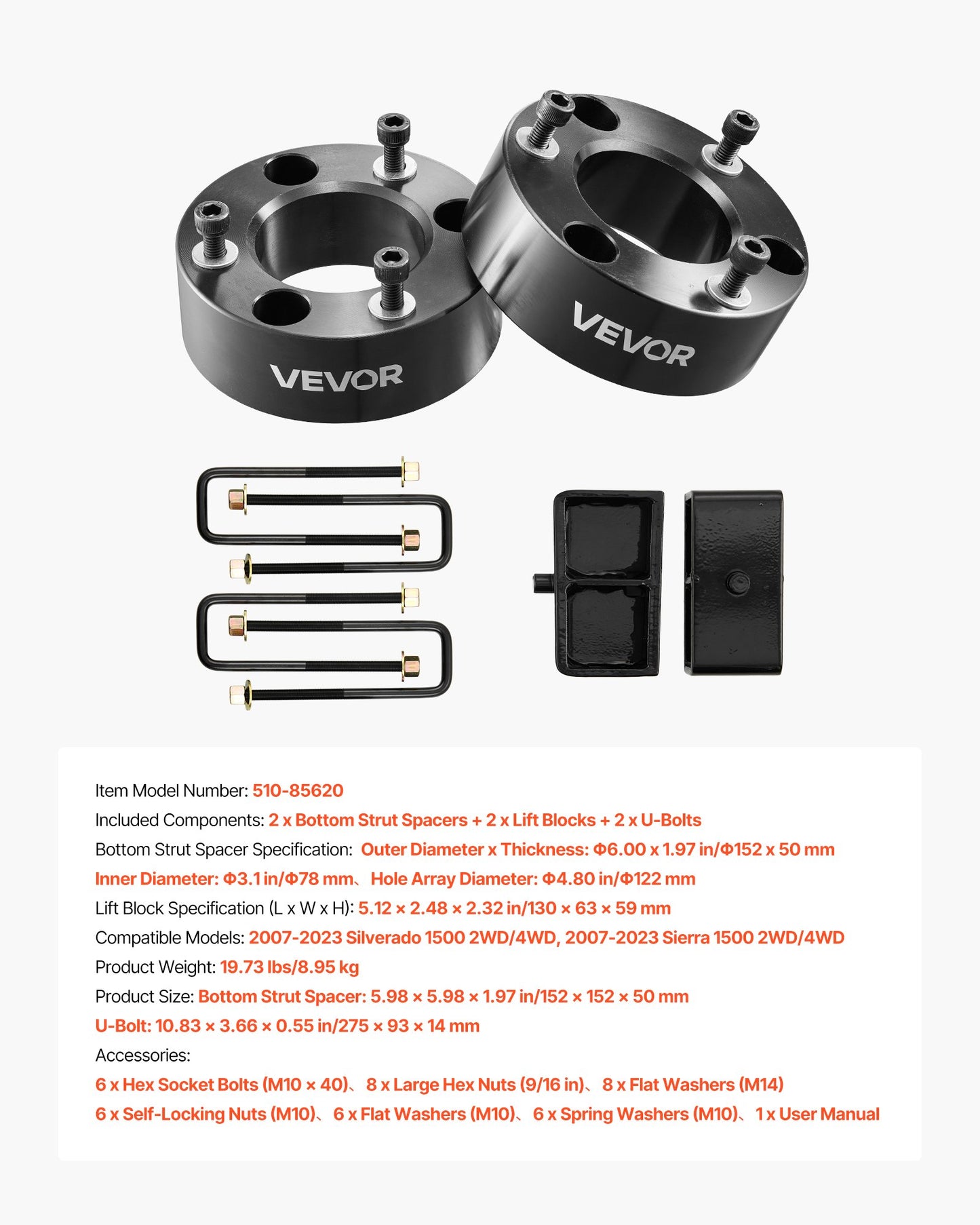 3 Inch Front and 2 Inch Rear Leveling Lift Kit for 2007-2023 Silverado 1500 2WD/4WD, 2007-2023 Sierra 1500 2WD/4WD, Chassis Level Kit with 2 Front Strut Spacers, 2 Rear Lift Blocks, 2 U-Bolts
