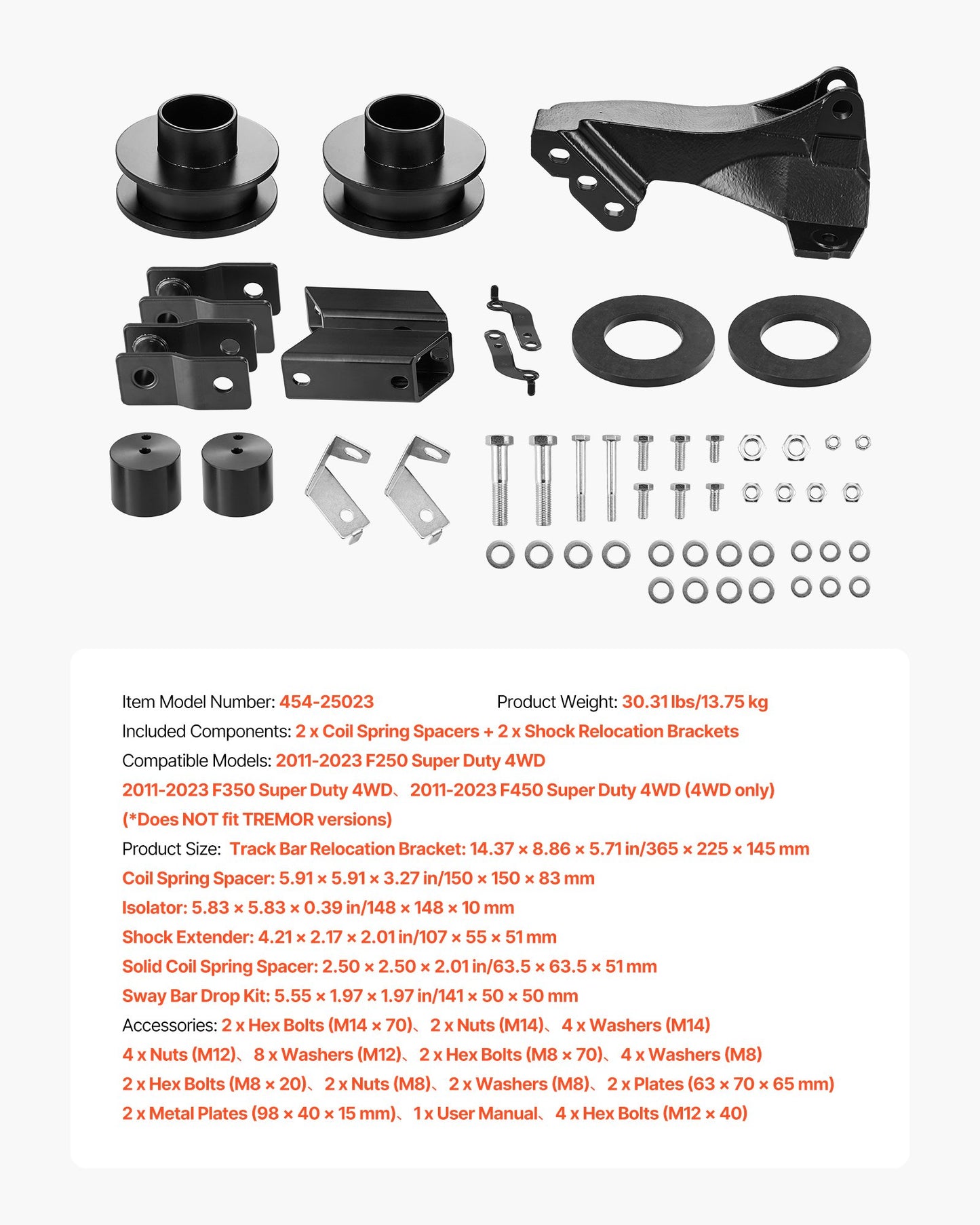 2.5 Inch Front Leveling Lift Kit for 2011-2023 Ford F250 F350 F450 Super Duty 4WD Models, Chassis Level Kit with Track Bar Relocation Bracket, Coil Spring Spacers, Isolators, Shock Extenders