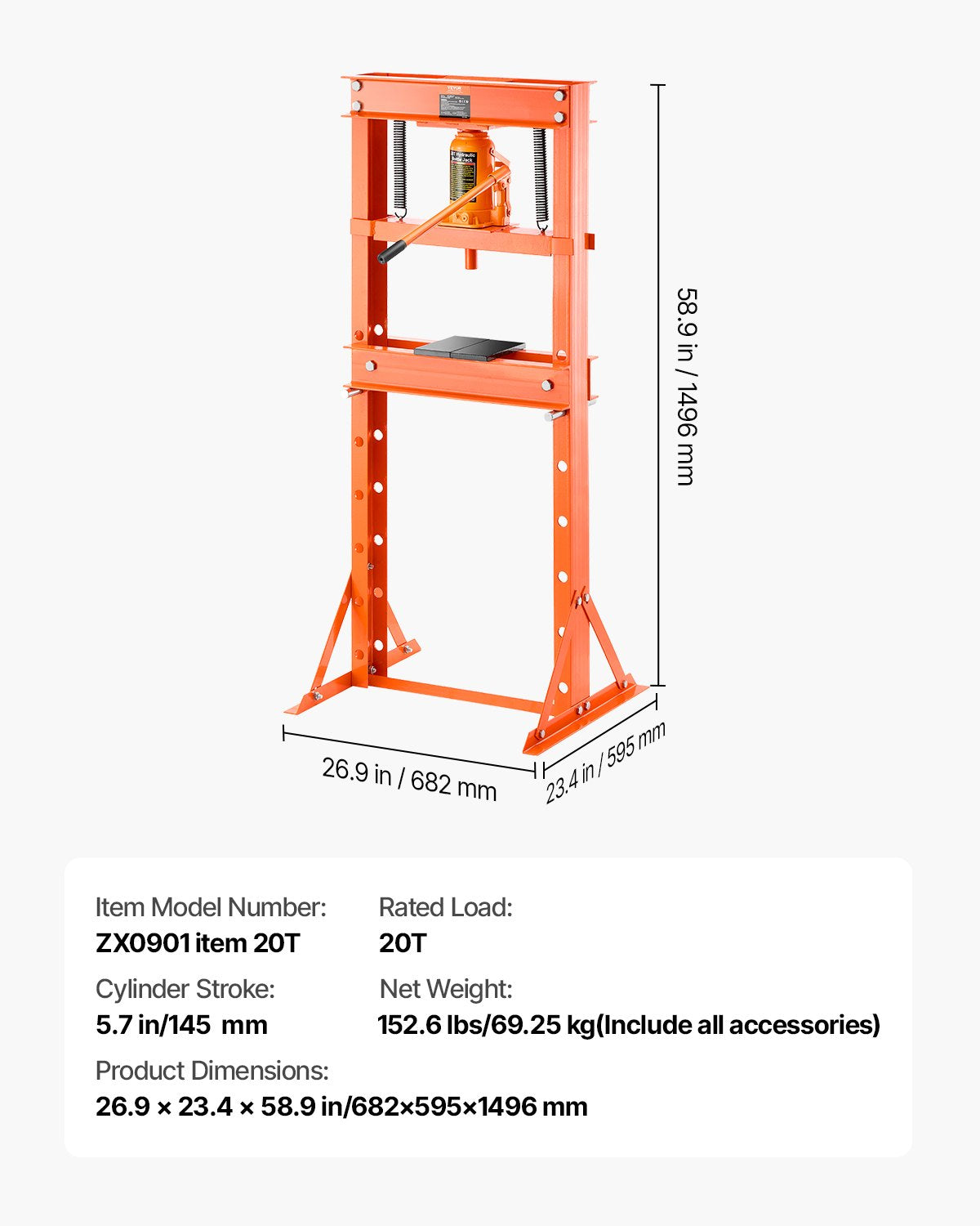 Hydraulic Shop Press, 20 T H-Frame Shop Press with Press Plate & Triangular Support, Stable Garage Floor Adjustable Hydraulic Press with Relief Valve, Fit for Bending, Straightening & Stamping