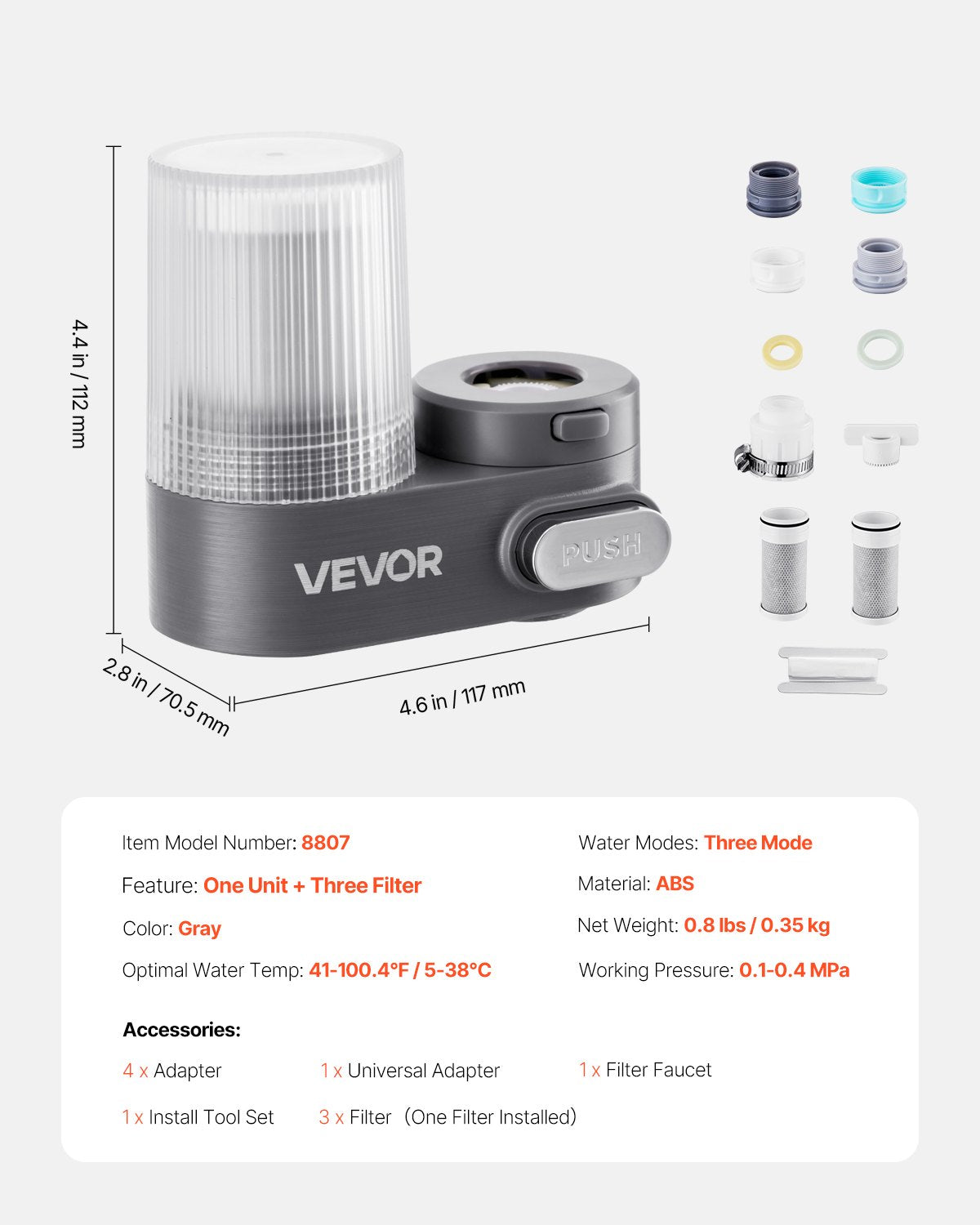 Faucet Mount Water Filter, Vertical Water Purifier for Sink Tap, Carbon Fiber Filter, Removes Chlorine Lead with 3 Filters, Fits Most Kitchen or Bathroom Faucets, Gray