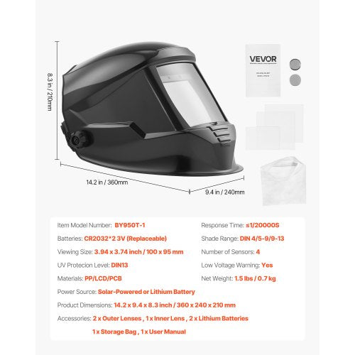 svetshjälm automatisk nedbländning, 100 x 95 mm svetshuva i äkta färg, 1/1/1/1 soldriven svetsmask med 4 ljusbågssensorer, bred skugga 4/5-9/9-13 för TIG MIG ARC-svetsning, slipning, skärning - METIS-serien | EU