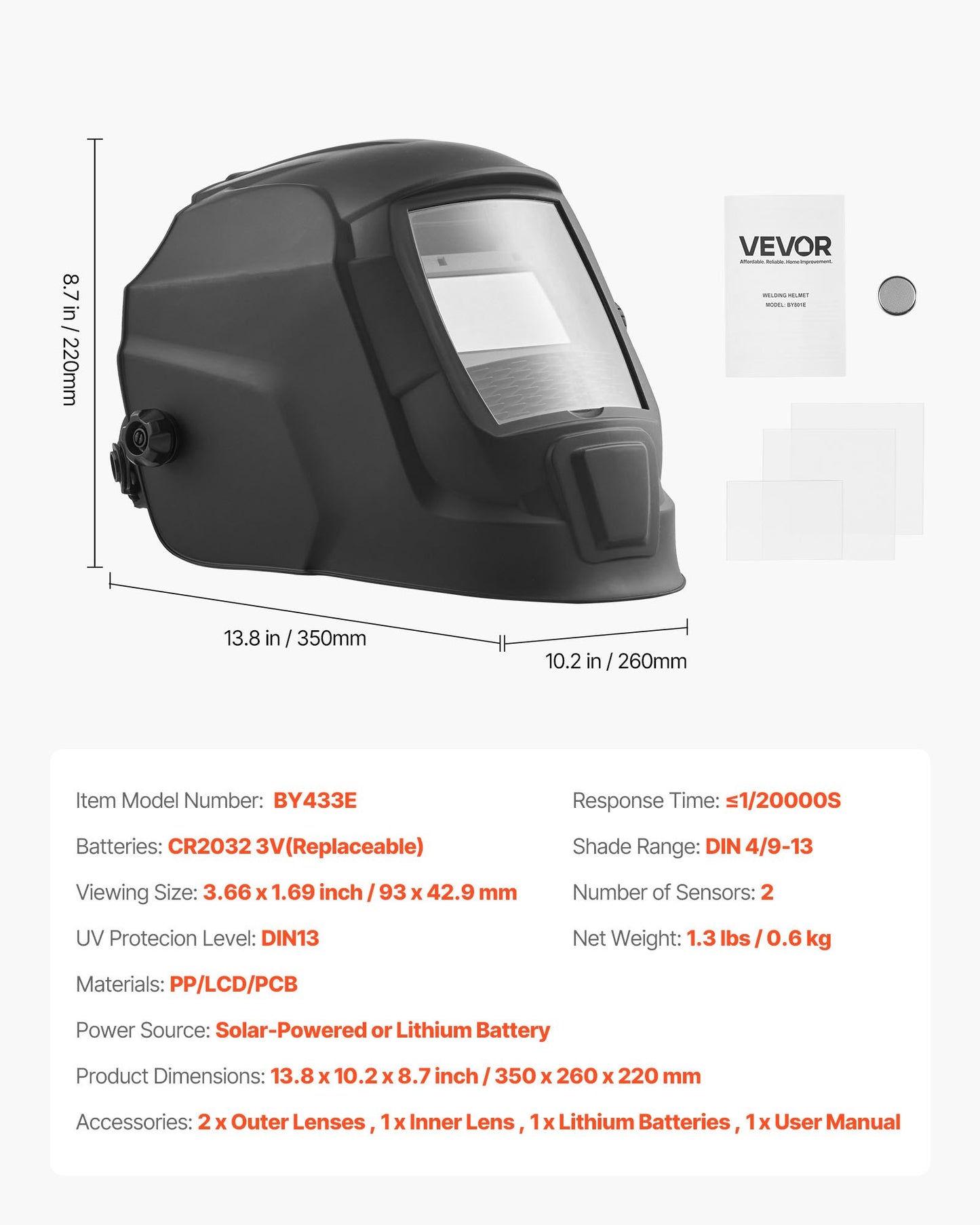 Welding Helmet Auto Darkening, 3.66" x 1.69" True Color Welding Hood, Solar Powered Welder Mask 2 Arc Sensors, Shade 4/9-13 for TIG MIG ARC Weld Grinding - CRIUS Series (Matte Black)