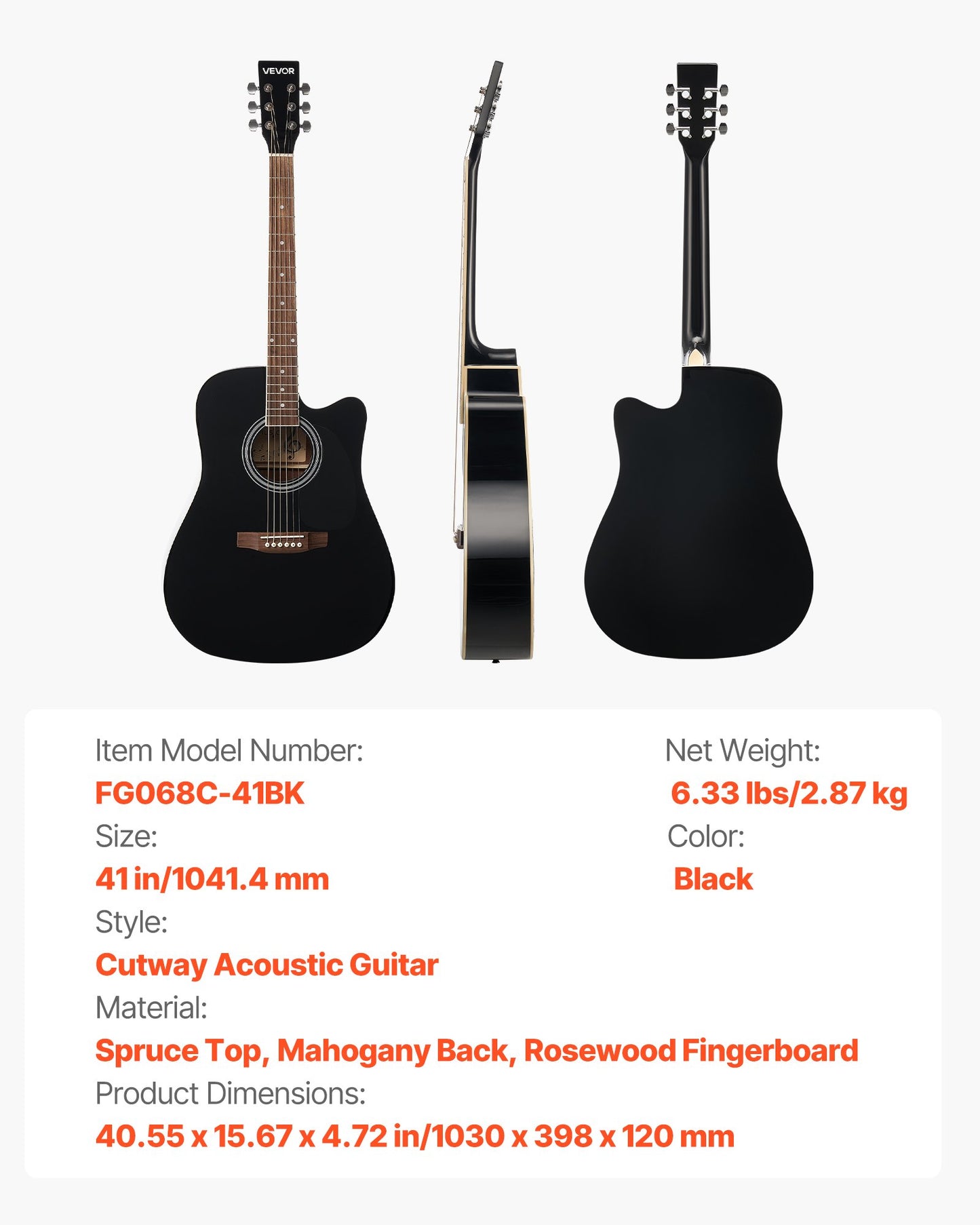 Cutway Acoustic Guitar, 41 in, 6-String Black Solid Spruce Top Guitar, Beginner Bundle with Gig Bag, Tuner, Strap, Strings, Picks, Capo, Rosewood Fingerboard, for Adult Fingerstyle Solo Jazz