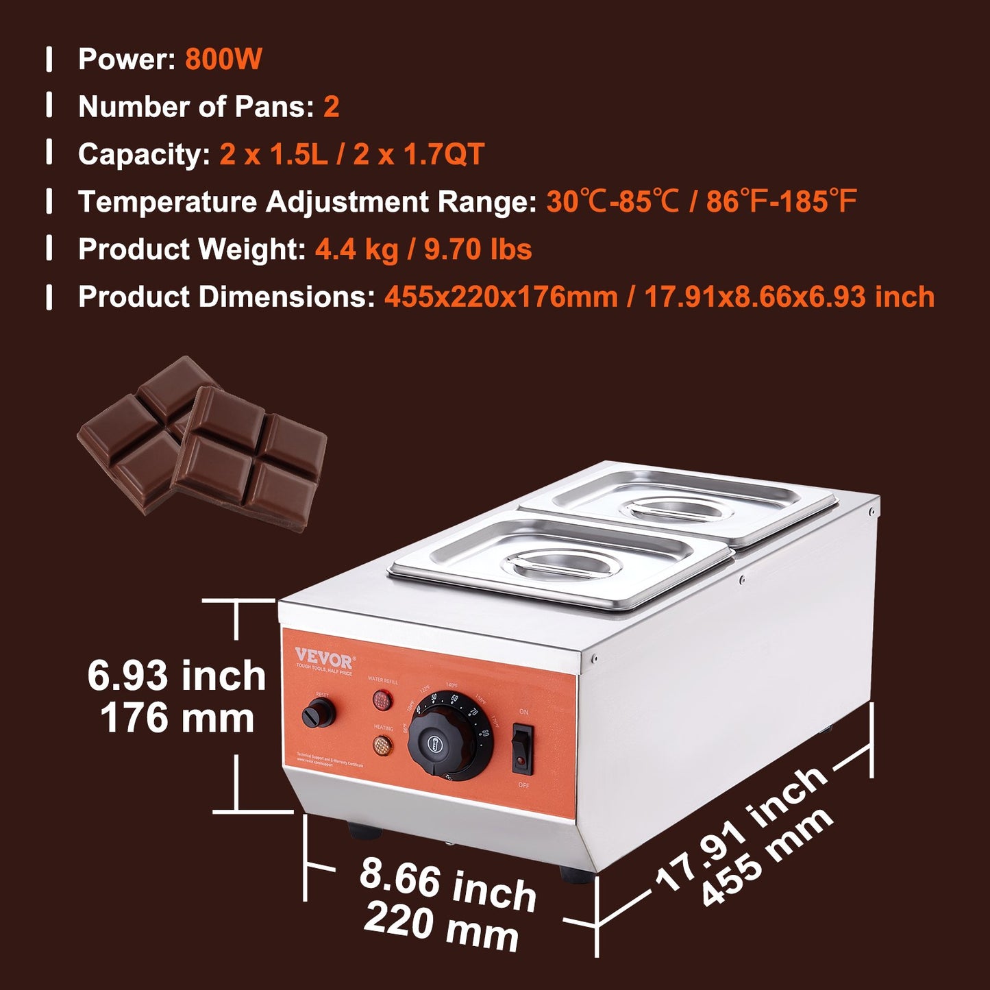 Chocolate Tempering Machine, 9 Lbs 2 Tanks Chocolate Melting Pot with TEMP Control 86~185℉, 800W Stainless Steel Electric Commercial Food Warmer For Chocolate/Milk/Cream Melting and Heating
