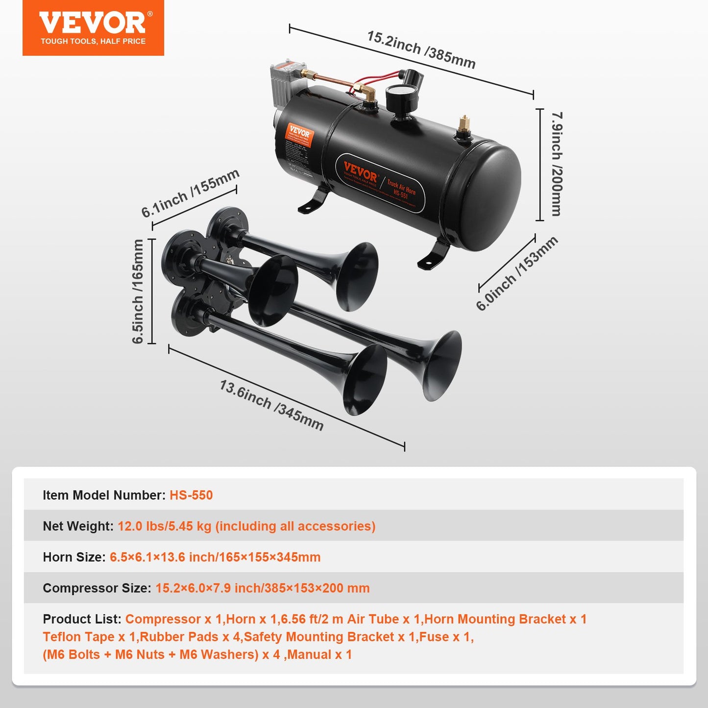 Train Horns Kit, 4 Trumpet Air Horn Kit, 150dB Train Horns for Pickup Trucks, 12V 120 psi Air Compressor 0.8 Gal/3 L Tank with Gauge for Any 12V Vehicle Car Truck Train Van Boat