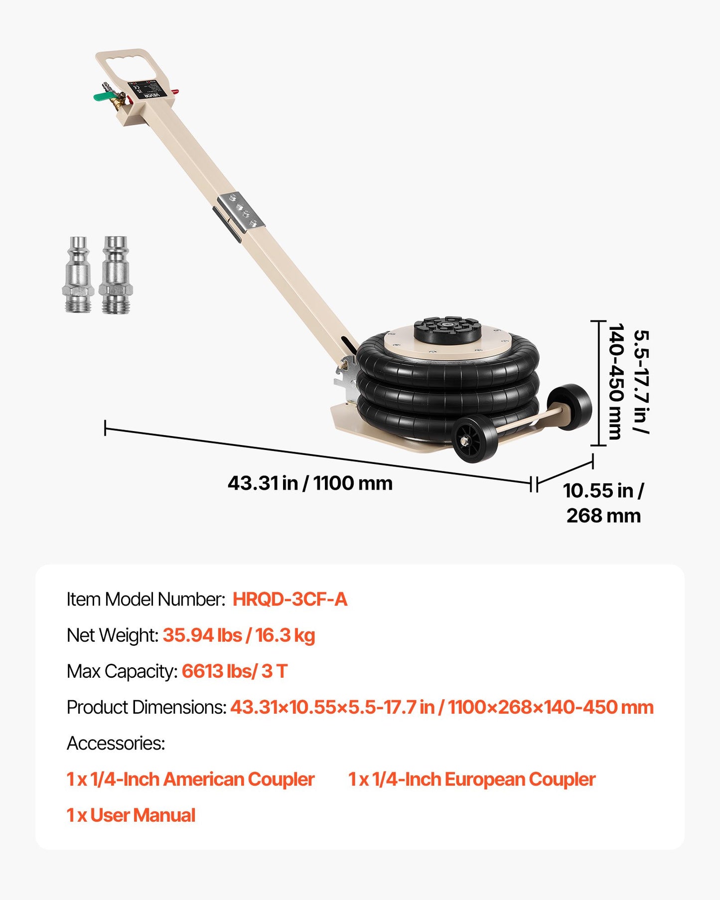 Air Jack, 3 Ton/6613 lbs Triple Bag Air Jack, Airbag with Six Steel Pipes, Lift Up to 17.7 inch/450 mm, 1-6 s Fast Lifting Pneumatic with Adjustable Long Handle for Car, SUV, Pickup Truck Repair