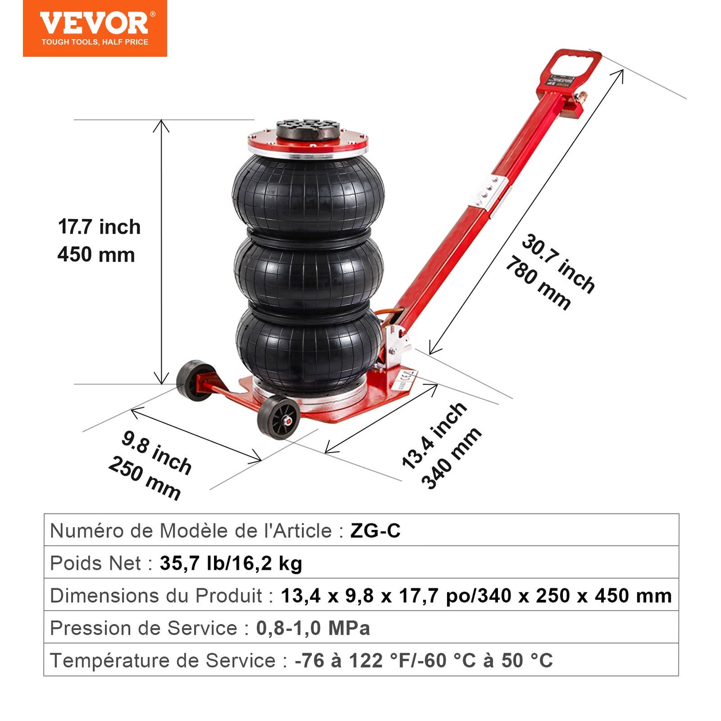 Air Jack, 3 Ton/6600 lbs Triple Bag Air Jack, Airbag Jack with Six Steel Pipes, Lift up to 17.7", 3-5 s Fast Lifting Pneumatic Jack, with Adjustable Long Handle for Cars, Garages, Repair (Red)