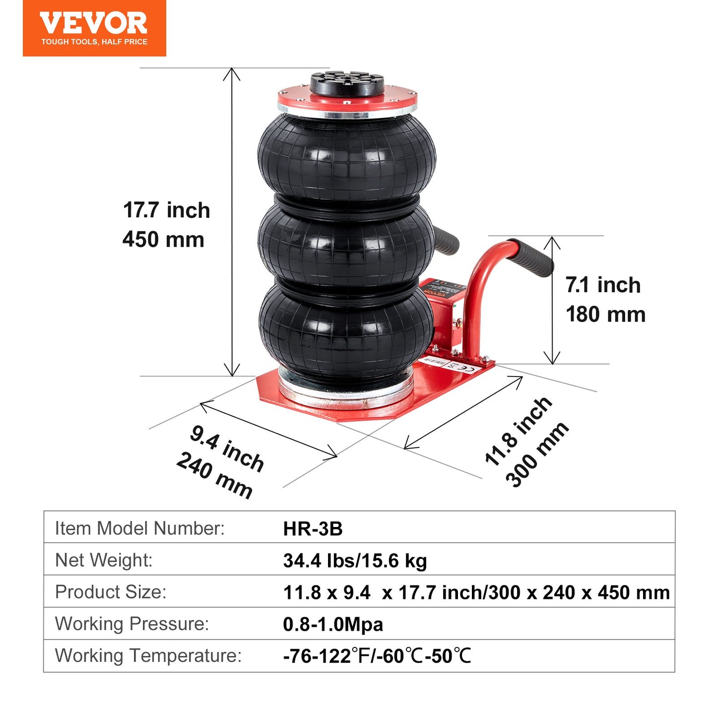 Air Jack, 3 Ton/6600 lbs Triple Bag Air Jack, Airbag Jack with Six Steel Pipes, Lift up to 17.7 inch/450 mm, 3-5 s Fast Lifting Pneumatic Jack, with Side Handles for Car, Garage, Repair (Red)