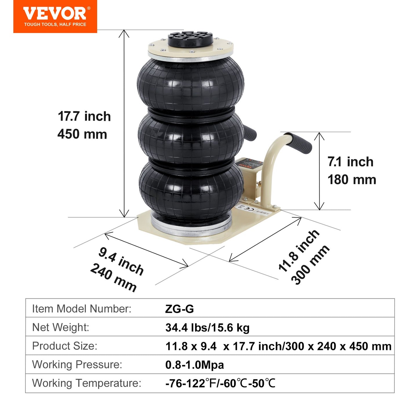 Air Jack, 3 Ton/6600 lbs Triple Bag Air Jack, Airbag Jack with Six Steel Pipes, Lift up to 17.7 inch/450 mm, 3-5 s Fast Lifting Pneumatic Jack, with Short Handles for Car Repair