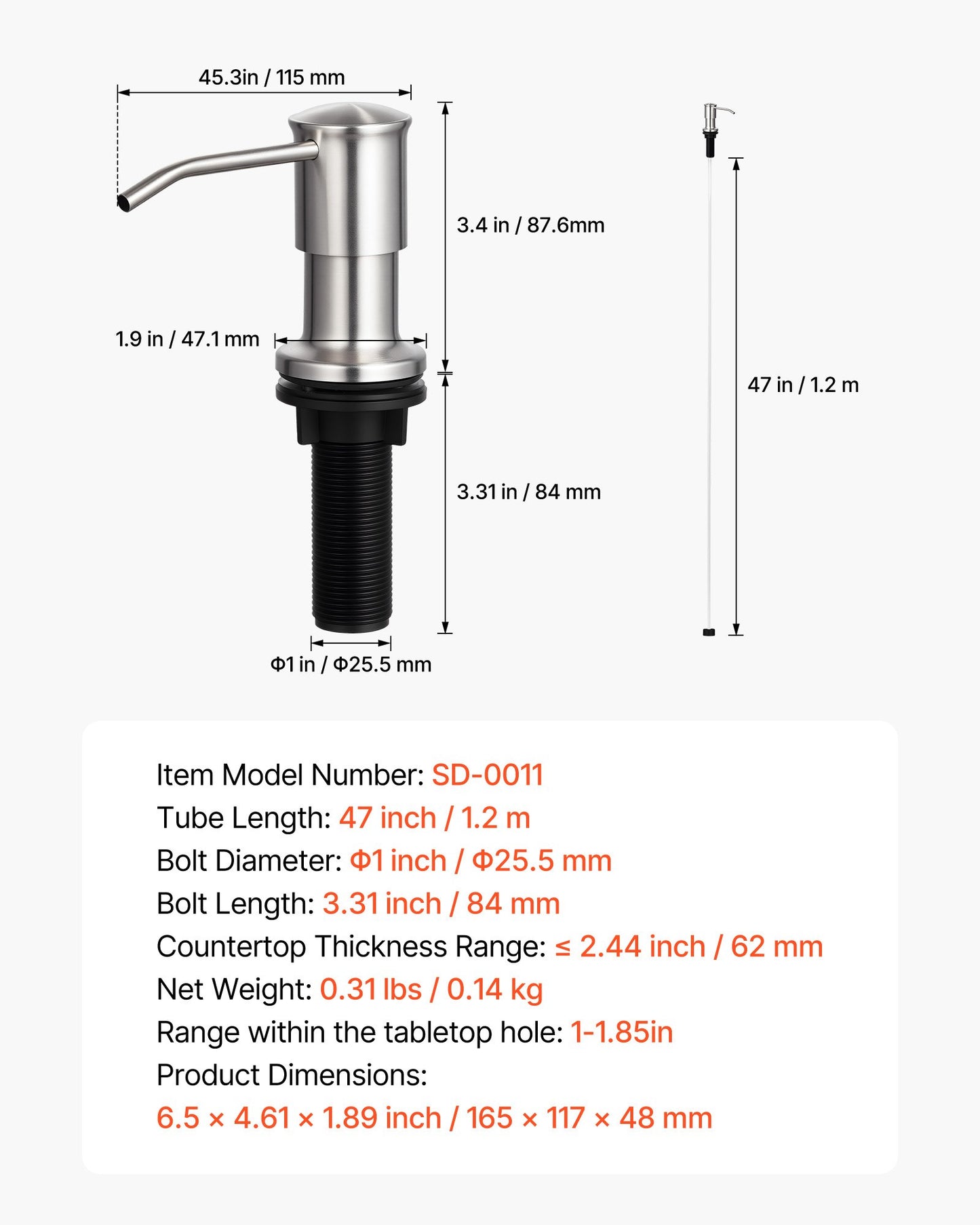 Soap Dispenser for Kitchen Sink, Stainless Steel Built in Sink Soap Dispenser with 47" Extension Tube Kit, Countertop Dish Soap-Dispenser with 360° Rotation Pump Head, for Kitchen Bathroom