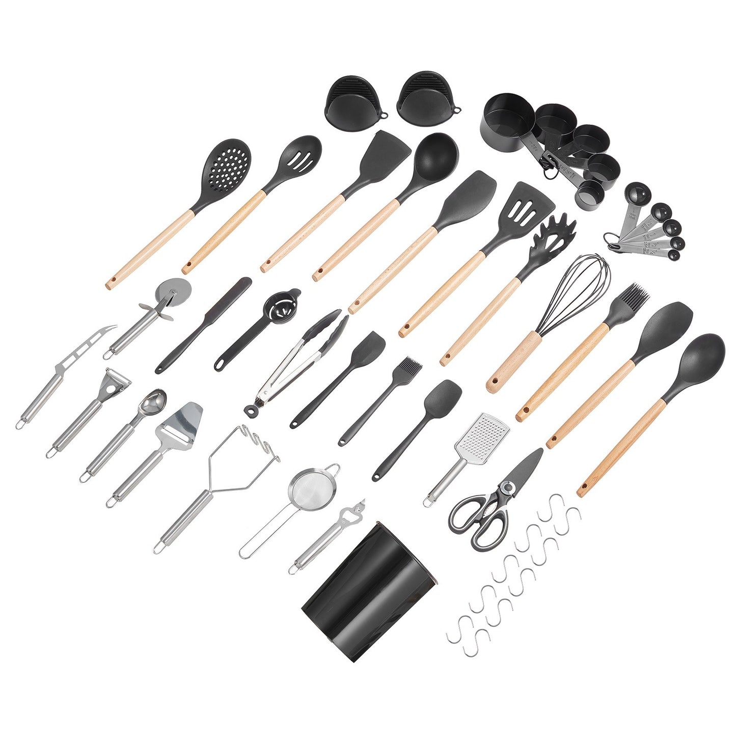 Kitchen Cooking Utensils Set, 50 PCS Silicone Spatula Set with Holder, 428°F Heat Resistant Gadget Spoons Tools, Wooden Handle Home Essentials Accessories, Silicone Gadgets Cookware, Black