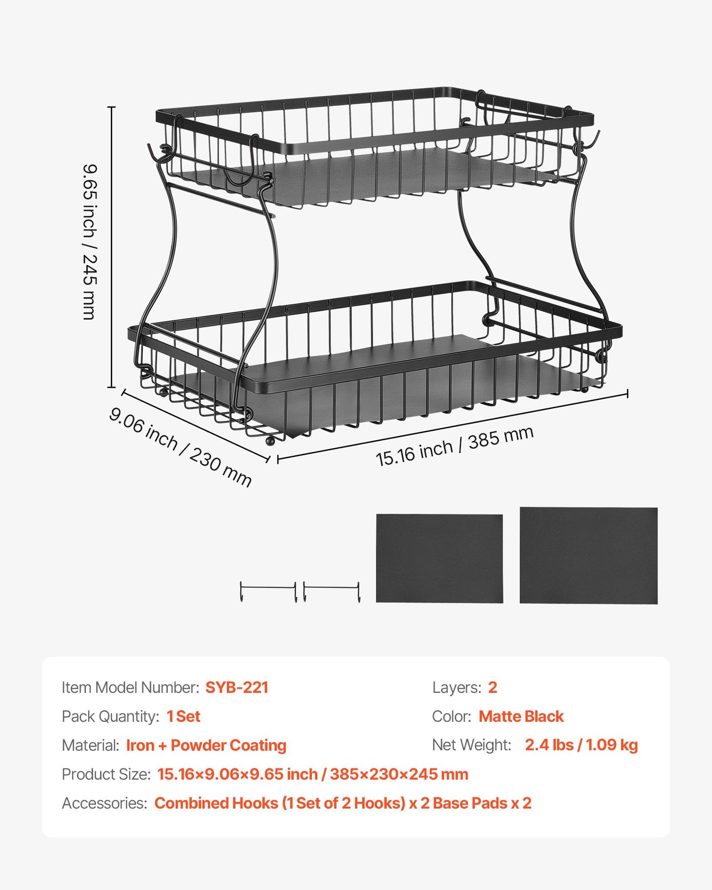 2 Tier Fruit Basket, Countertop Fruits Vegetable Bowl with Banana Hangers, Metal Wire Storage Stand for Kitchen Counter, Detachable Stackable Holder Organizer for Bread Snack Veggies, Black