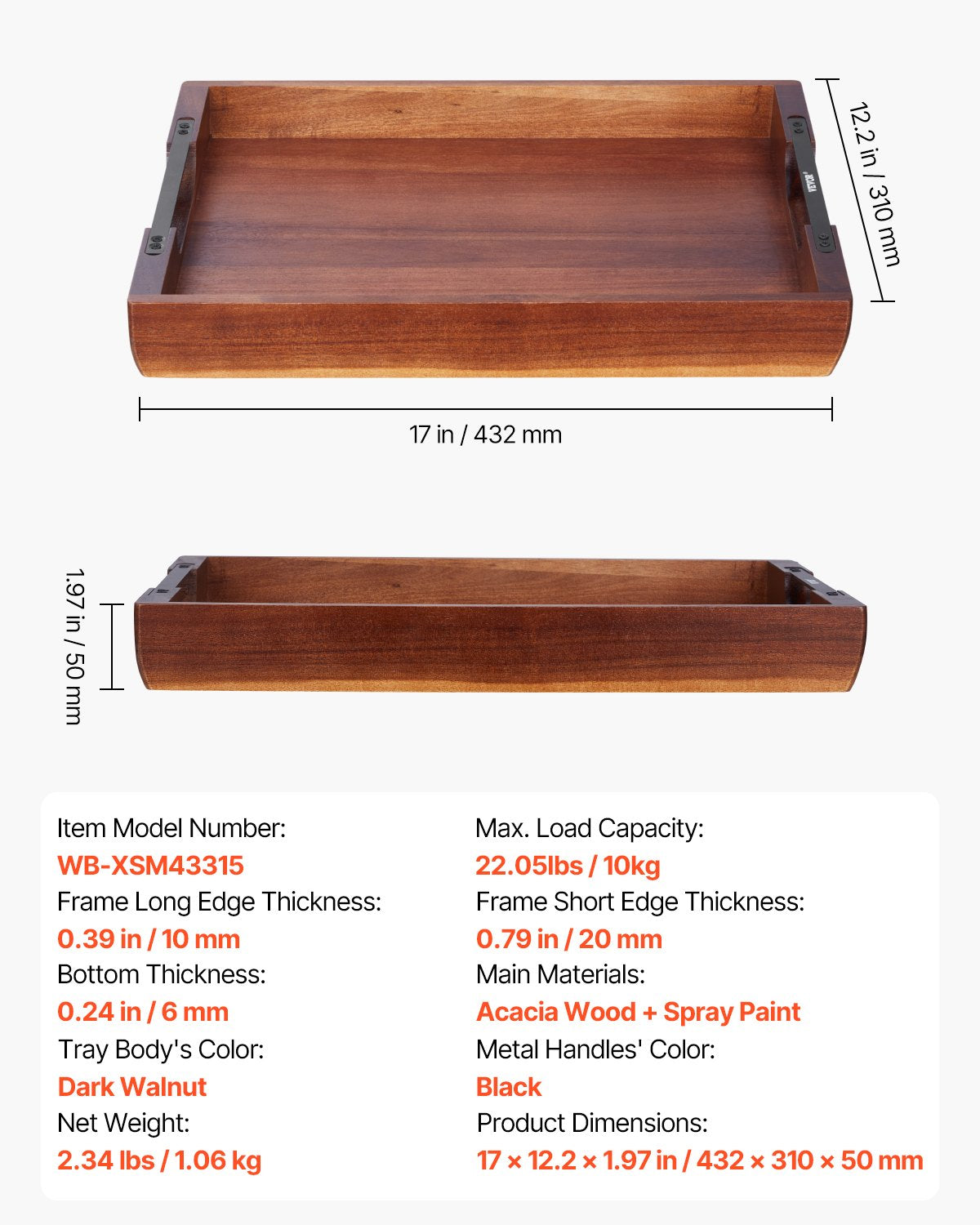 Wood Serving Tray, Acacia Wooden Tray Board with Handles, Decorative Rustic Serving Trays Platter, Ideal for Breakfast in Bed, Lunch, Kitchen, Living Room, Ottoman, Coffee Table, Party, Couch