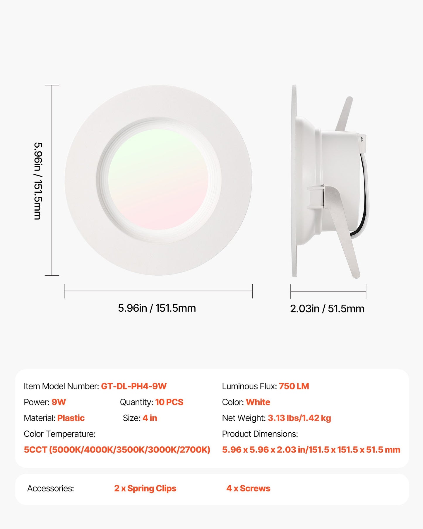 10 Pack LED Recessed Lighting, 4 Inches, Retrofit Can Lights, 750 LM 9W 120V, Selectable 5CCT 2700K/3000K/3500K/4000K/5000K, 10% to 100% Dimmable, Compatible with E26 Base and TP24 Connector