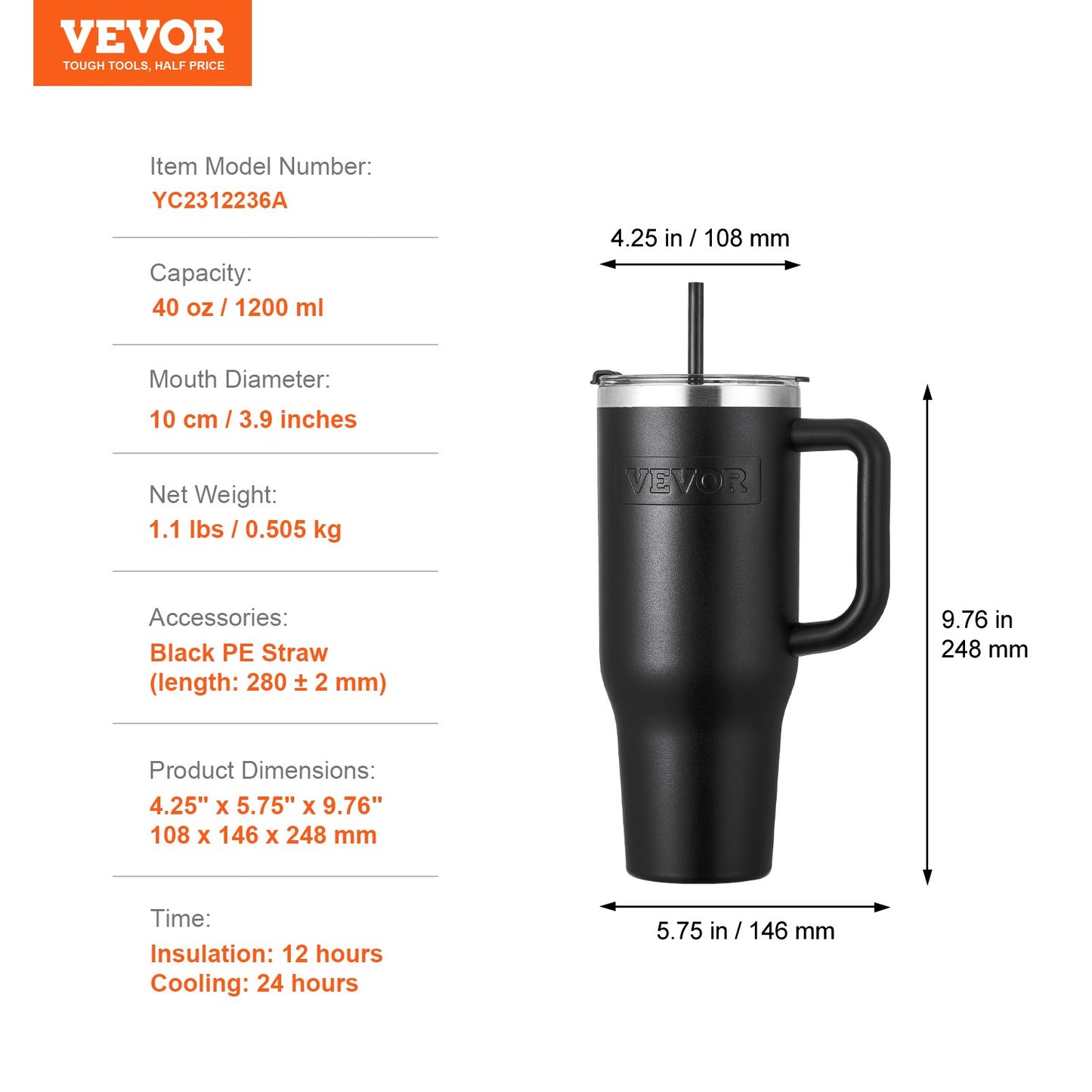 40 oz Insulated Water Bottle, Stainless Steel Sports Coffee Cup with Lid, Handheld Travel Coffee Mug Double Walled, Camping Hydration Flask Leakproof, for Indoor/Outdoor School, Work, Black