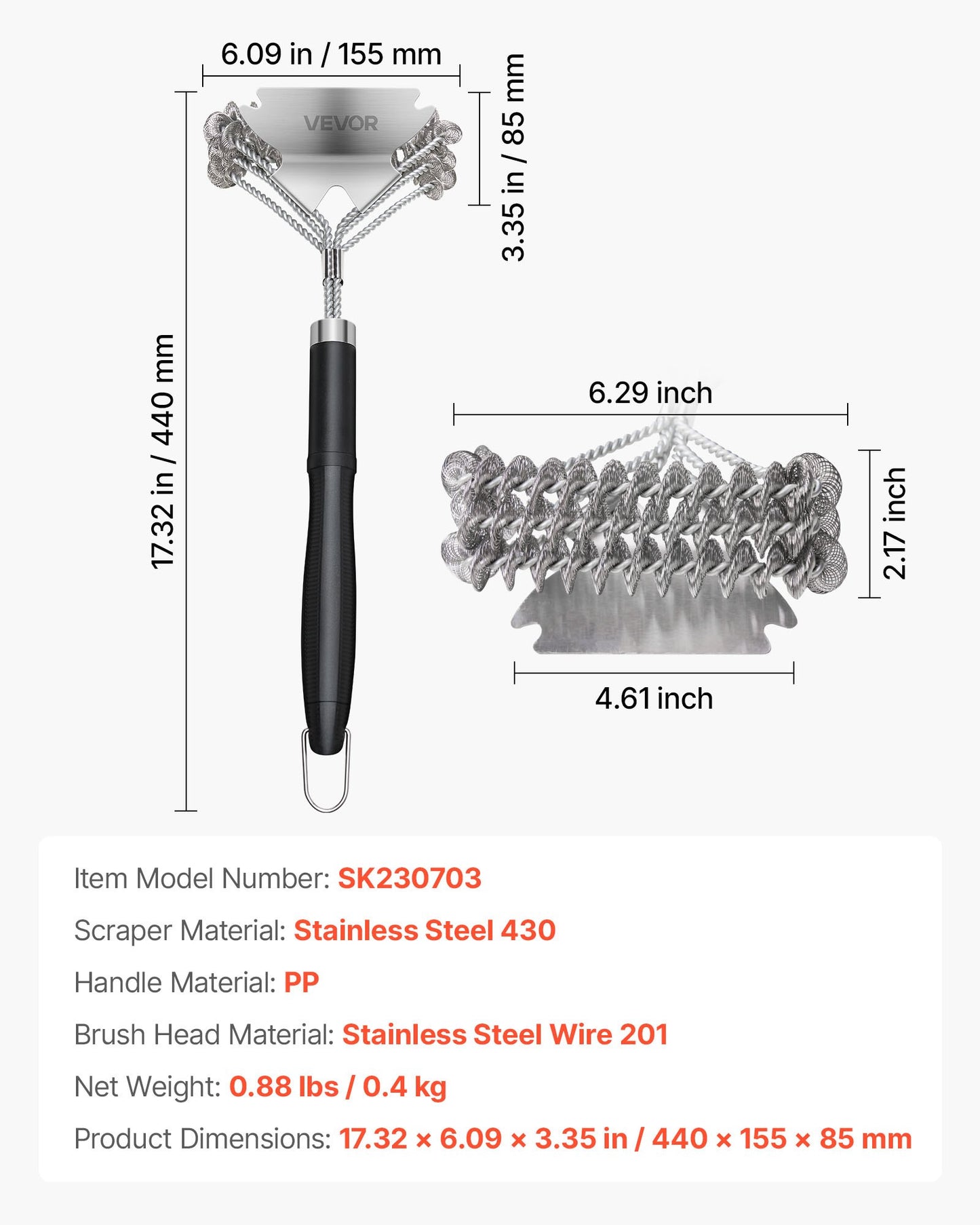 Grill Brush and Scraper, BBQ Brush for Outdoor Grills, Stainless Steel Woven Wire, Bristle Free Barbecue Brushes for Porcelain, Charcoal, Grate Cleaner Grill Accessories, 17 in