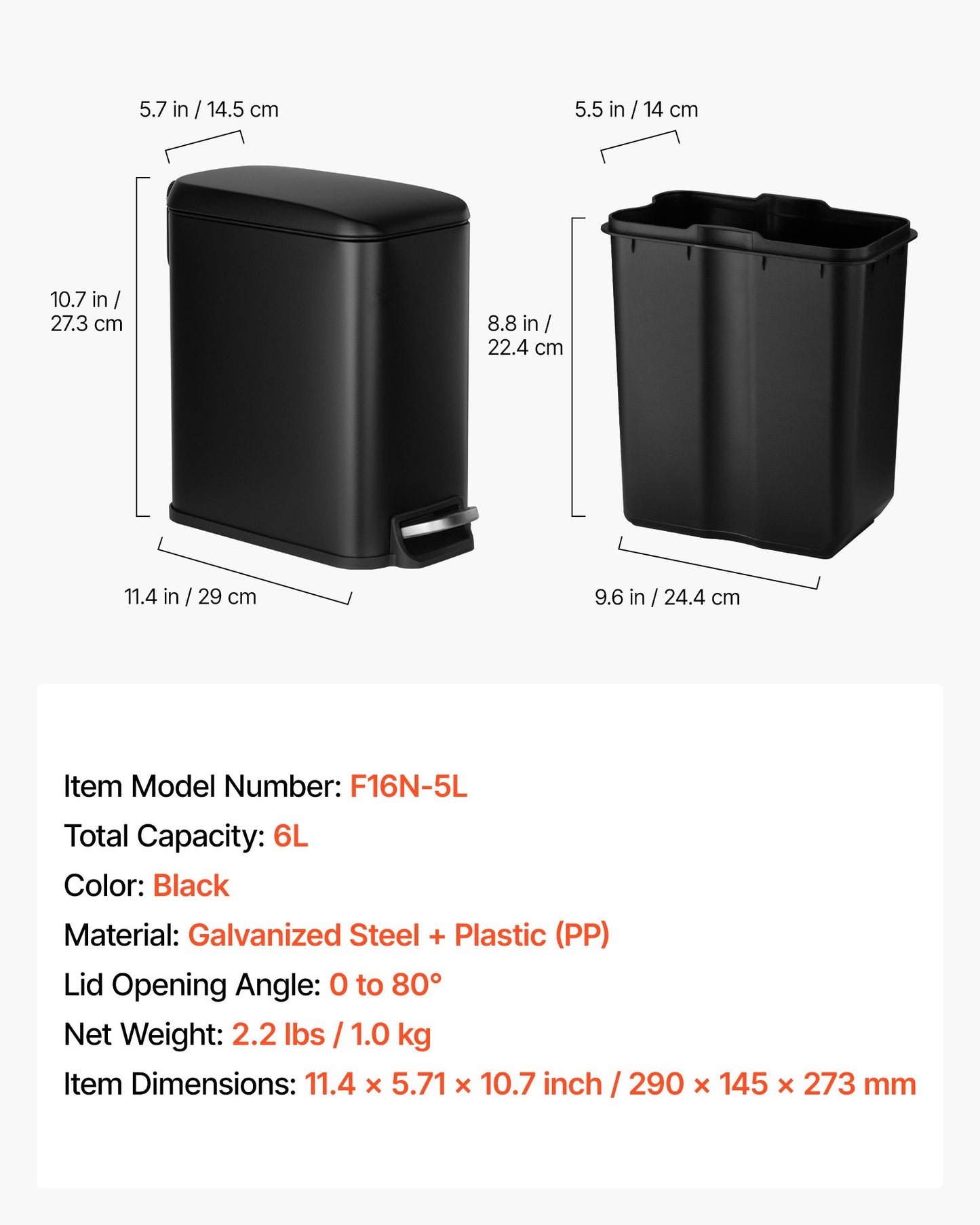 Slim Bathroom Trash Can, 11.4 x 5.71 x 10.7 Inch Small Bedroom Trashcan with Step Pedal & Soft Close Lid, 6L Steel Garbage Can with Detachable Inner Bin, for Kitchen, Home, Dorm, Office, Black