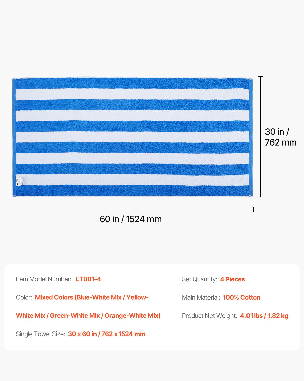 Beach Towel, 4 Pack Oversized Beach Towels, 30 x 60 in Cabana Striped Large Pool Towel, 100% Cotton Soft and Quickly Dry Thick Swimming Towels, for Vacation, Swimming, Beaches, and Bathroom