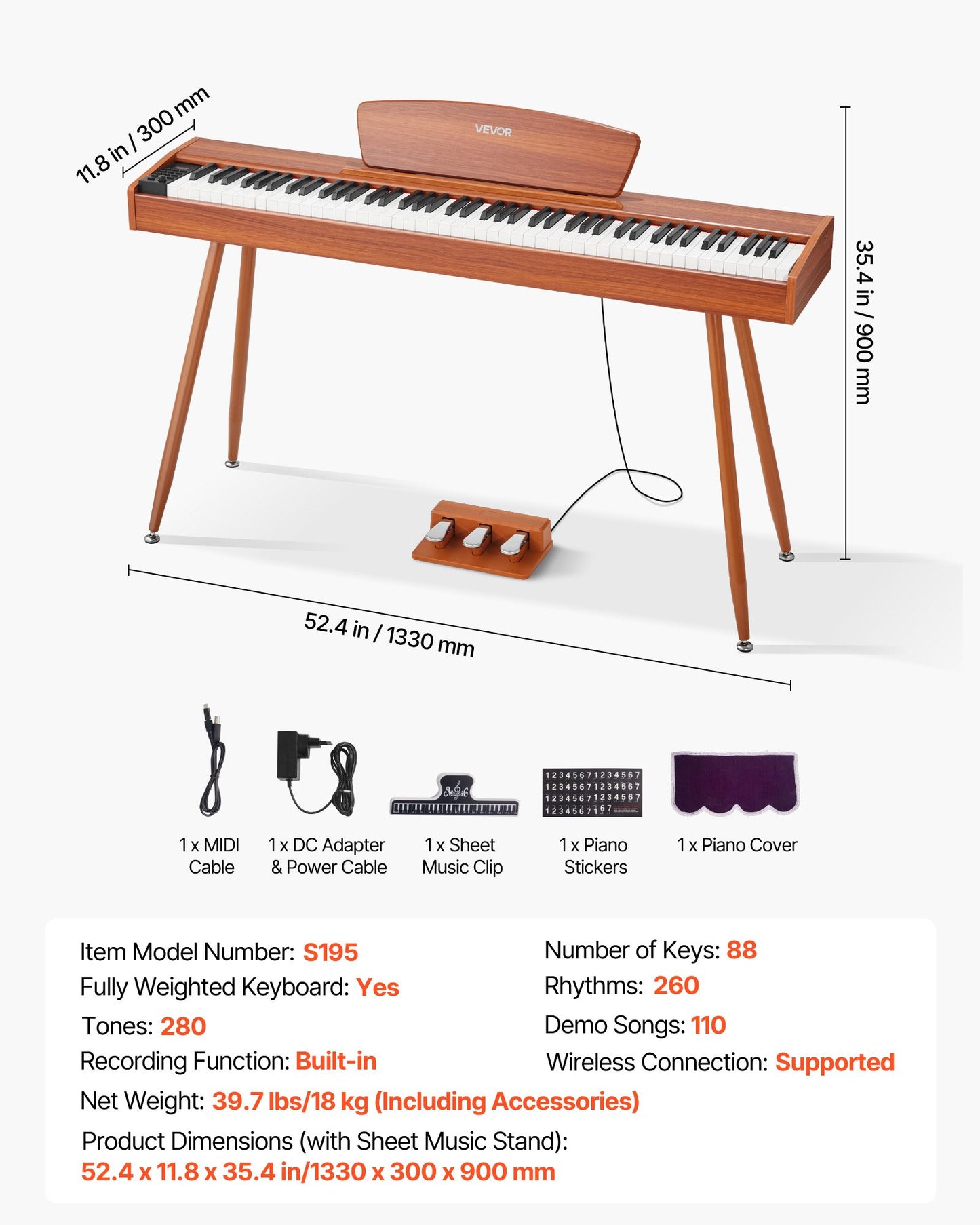 Weighted Digital Piano, 88 Keys Fully Weighted, Electric Piano Keyboard with Sheet Music Stand, Triple Pedal, Power Adapter, 280 Tones, Support Wireless Connection, for Beginners, Wood Color
