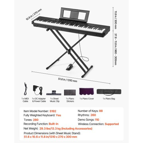 Viktat Digitalpiano, 88 Tangenter Fullt Viktat, Elpiano Dubbelt Keyboard & Högtalare med X-Stativ, Sustainpedal, Inspelningsfunktion, 280 Toner, Trådlös Anslutning, För Nybörjare, Svart | EU