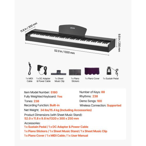Viktat Digitalpiano, 88 Tangenter Fullt Viktat, Elpiano Dubbelt Keyboard & Högtalare, Med Sustainpedal, Inspelningsfunktion, 238 Toner, Trådlös Anslutning, För Nybörjare, Utan Stativ | EU