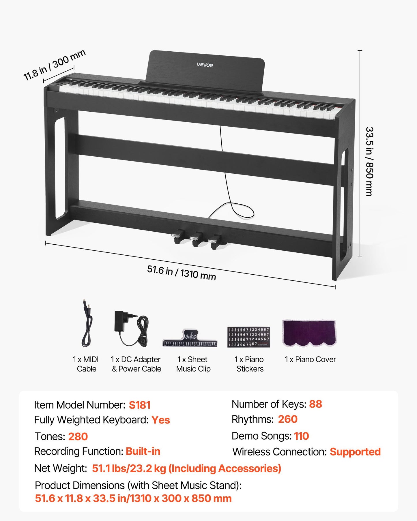 Weighted Digital Piano, 88 Keys Fully Weighted, Electric Piano Keyboard with Furniture Stand, Power Adapter, Triple Pedal, Record Function, 280 Tones, Wireless Connection, for Beginners, Black