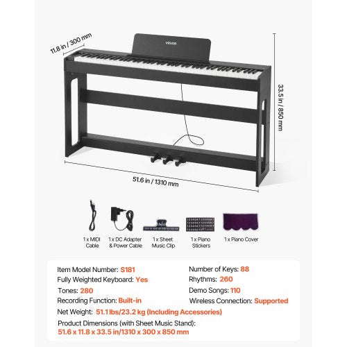 viktat digitalpiano, 88 tangenter fullt viktade, elektriskt pianokeyboard med möbelstativ, nätadapter, trippelpedal, inspelningsfunktion, 280 toner, trådlös anslutning, för nybörjare, svart | EU