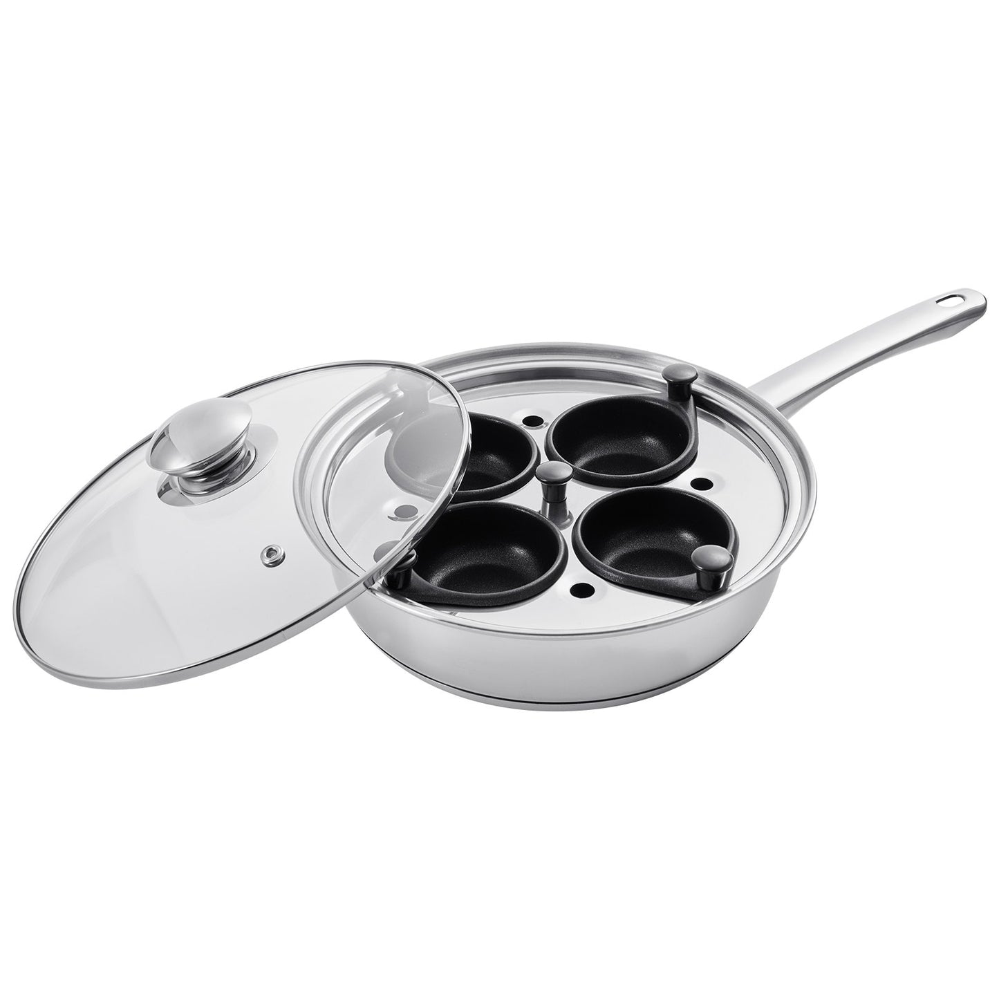 Egg Poacher Pan, 4-Cup Poached Egg Maker, Stainless Steel Poaching Pan and Frying Skillet, with 4 Nonsitck Detachable Large Cups, Lid, and Silicone Spatula, Compatible with Induction Stovetop