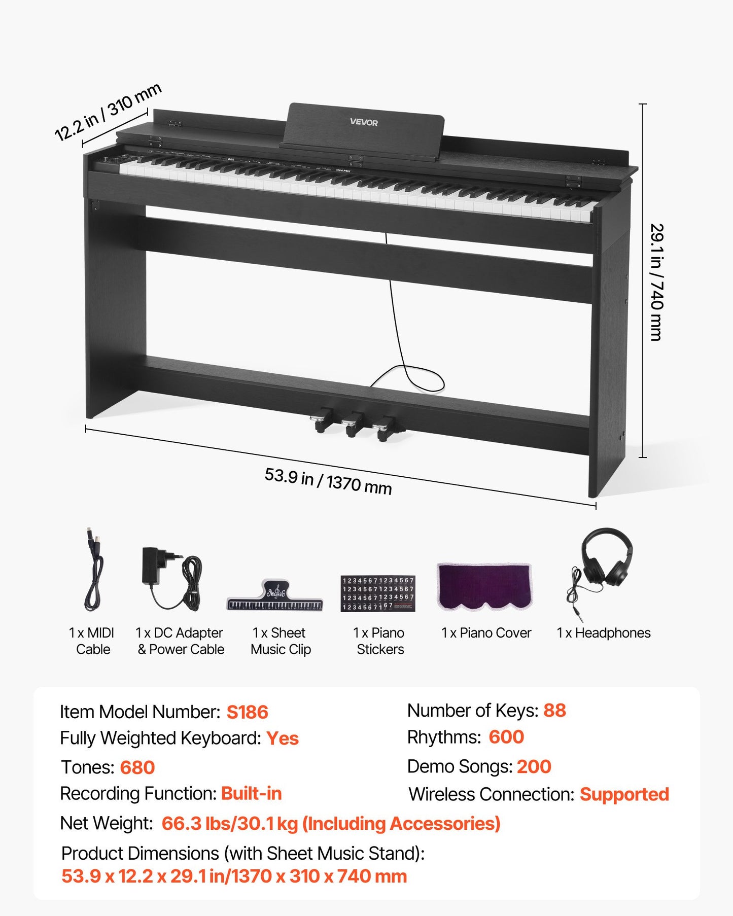 Weighted Digital Piano, 88 Keys Fully Weighted, Electric Piano Keyboard with Furniture Stand, Power Adapter, Triple Pedal, 680 Tones, Support Wireless Connection, with Headphones, for Beginners