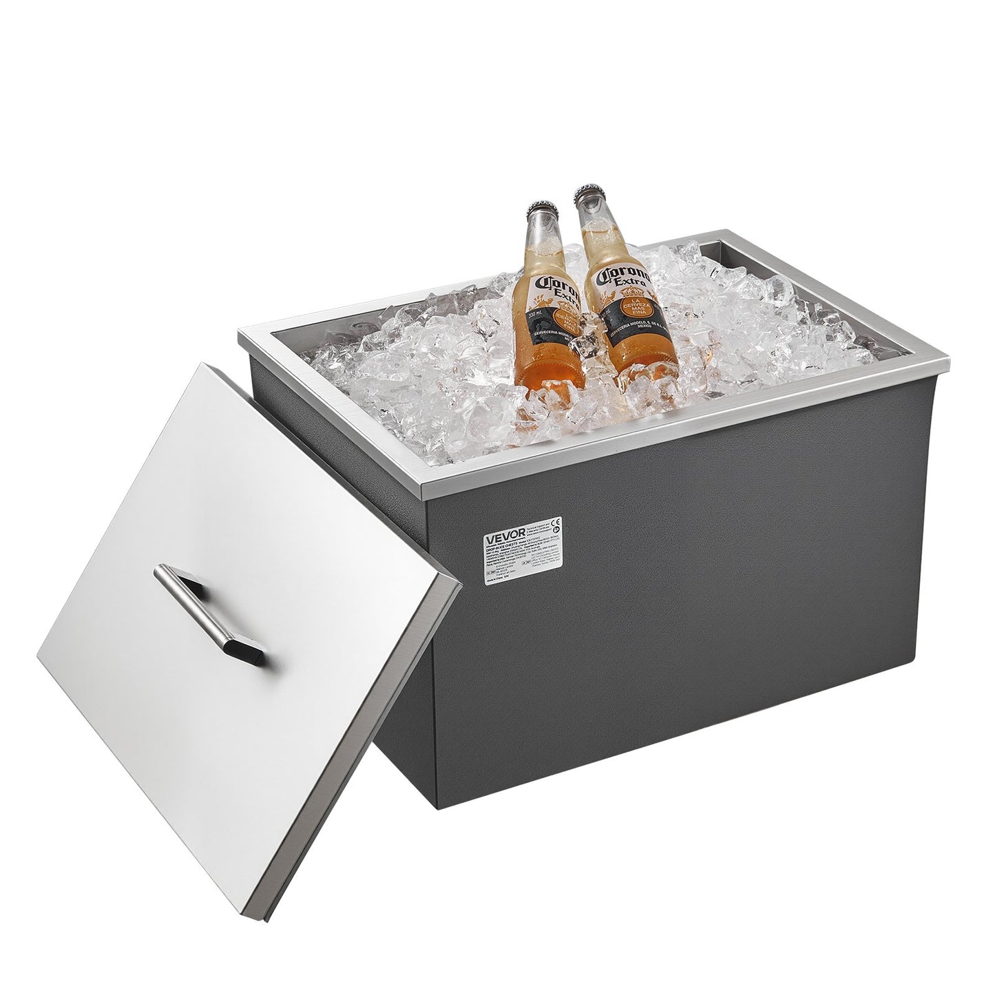 Drop in Ice Chest, 20"L x 14"W x 12"H Stainless Steel Drop in Cooler, 31.7 Quart Commercial Ice Bin with Pot Lid for Outdoor Kitchen Patio Bar, Drain-pipe Set Included, for Cold Wine Beer