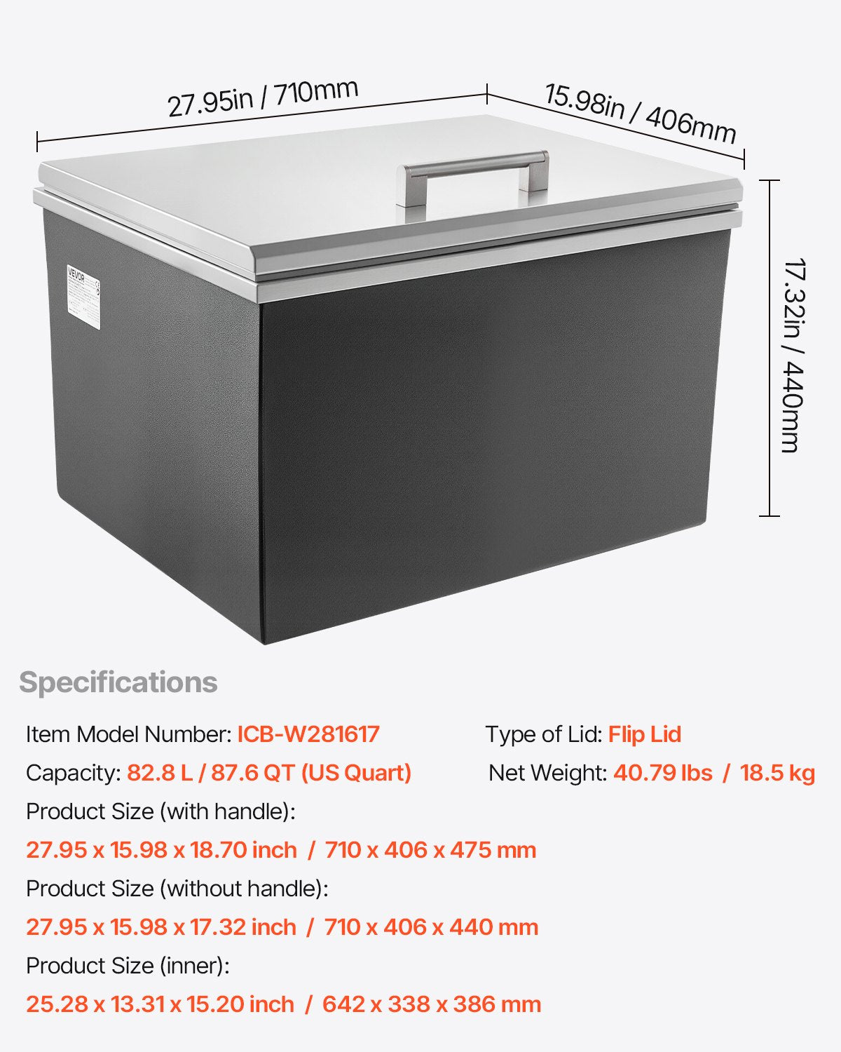 Drop in Ice Chest, 28"L x 16"W x 17"H Stainless Steel Drop in Cooler, 87.6 Quart Commercial Ice Bin with Flip Lid for Outdoor Kitchen Patio Bar, Drain-pipe Set Included, for Cold Wine Beer