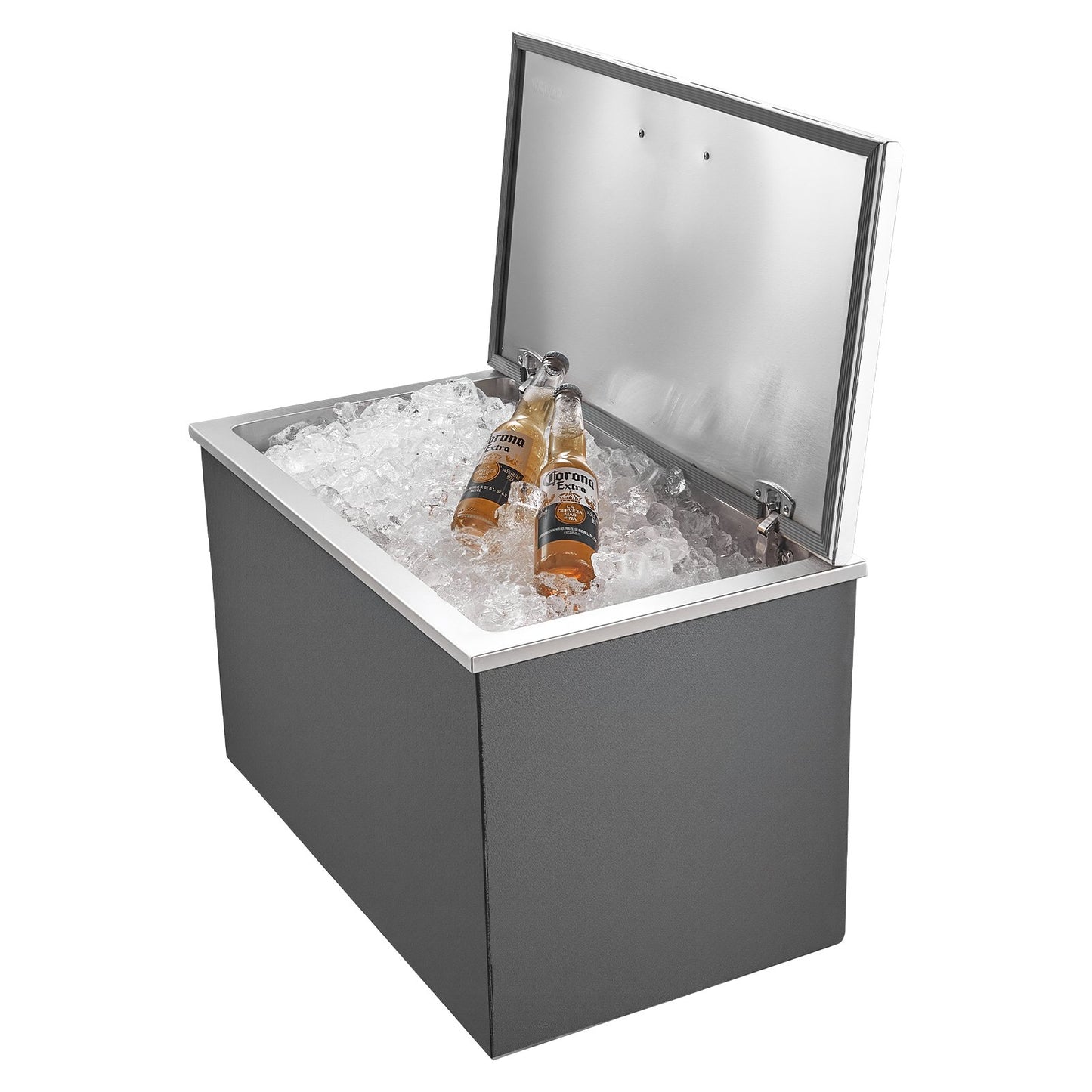 Drop in Ice Chest, 28"L x 16"W x 17"H Stainless Steel Drop in Cooler, 87.6 Quart Commercial Ice Bin with Flip Lid for Outdoor Kitchen Patio Bar, Drain-pipe Set Included, for Cold Wine Beer