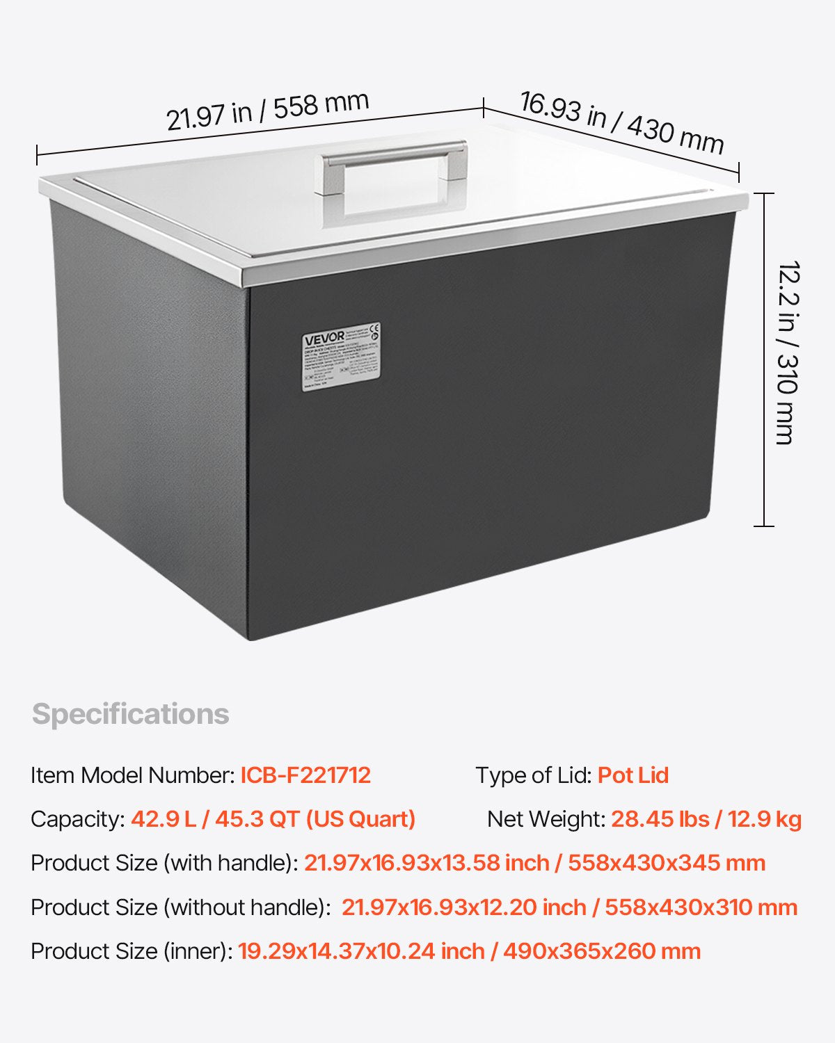 Drop in Ice Chest, 22"L x 17"W x 12"H Stainless Steel Drop in Cooler, 45.3 Quart Commercial Ice Bin with Pot Lid for Outdoor Kitchen Patio Bar, Drain-pipe Set Included, for Cold Wine Beer