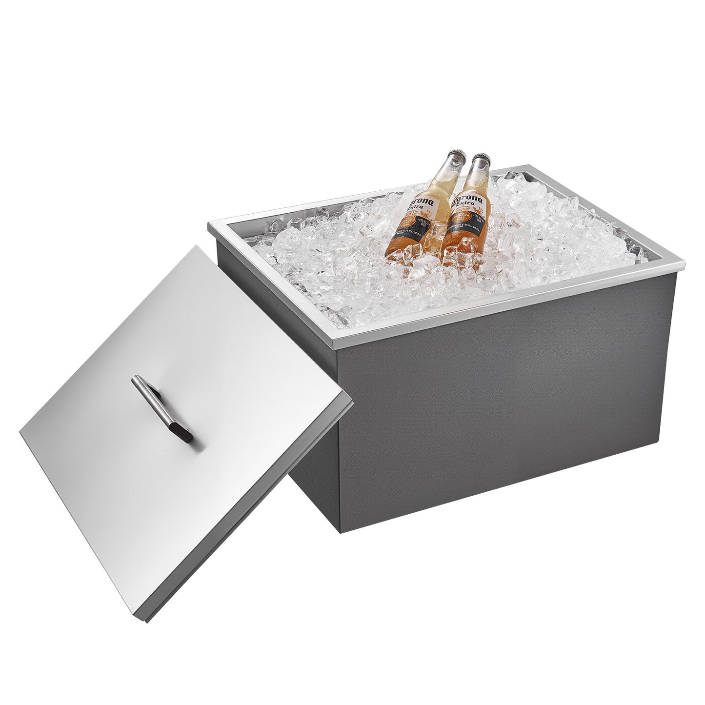 Drop in Ice Chest, 22"L x 17"W x 12"H Stainless Steel Drop in Cooler, 45.3 Quart Commercial Ice Bin with Pot Lid for Outdoor Kitchen Patio Bar, Drain-pipe Set Included, for Cold Wine Beer