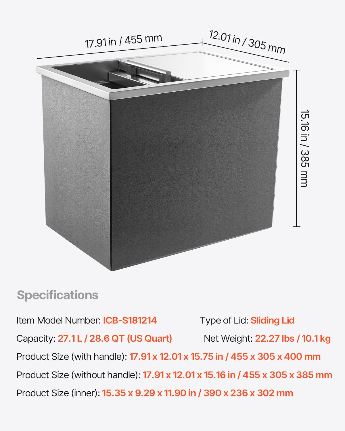 Drop in Ice Chest, 18"L x 12"W x 15"H Stainless Steel Drop in Cooler, 28.6 Quart Commercial Ice Bin with Sliding Lid for Outdoor Kitchen Patio Bar, Drain-pipe Set Included, for Cold Wine Beer