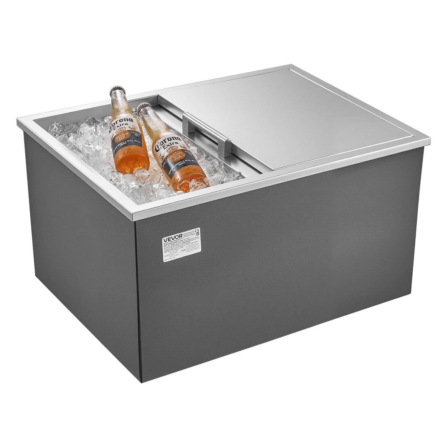 Drop in Ice Chest, 24"L x 18"W x 13"H Stainless Steel Drop in Cooler, 57.8 Quart Commercial Ice Bin with Sliding Lid for Outdoor Kitchen Patio Bar, Drain-pipe Set Included, for Cold Wine Beer