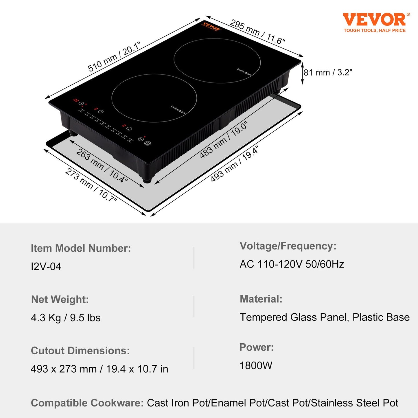 Electric Cooktop, 2 Burners, 12'' Induction Stove Top, Built-in Magnetic Cooktop 1800W, 9 Heating Level Multifunctional Burner, LED Touch Screen w/ Child Lock & Over-Temperature Protection