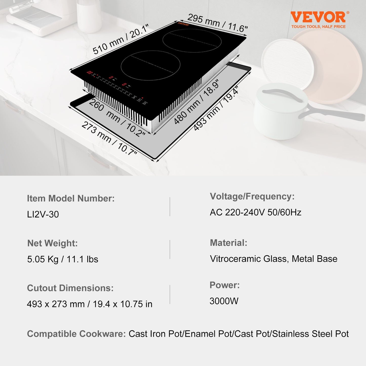 Electric Cooktop, 2 Burners, 12'' Induction Stove Top, Built-in Magnetic Cooktop 3000W, 9 Heating Level Multifunctional Burner, LED Touch Screen w/ Child Lock & Over-Temperature Protection