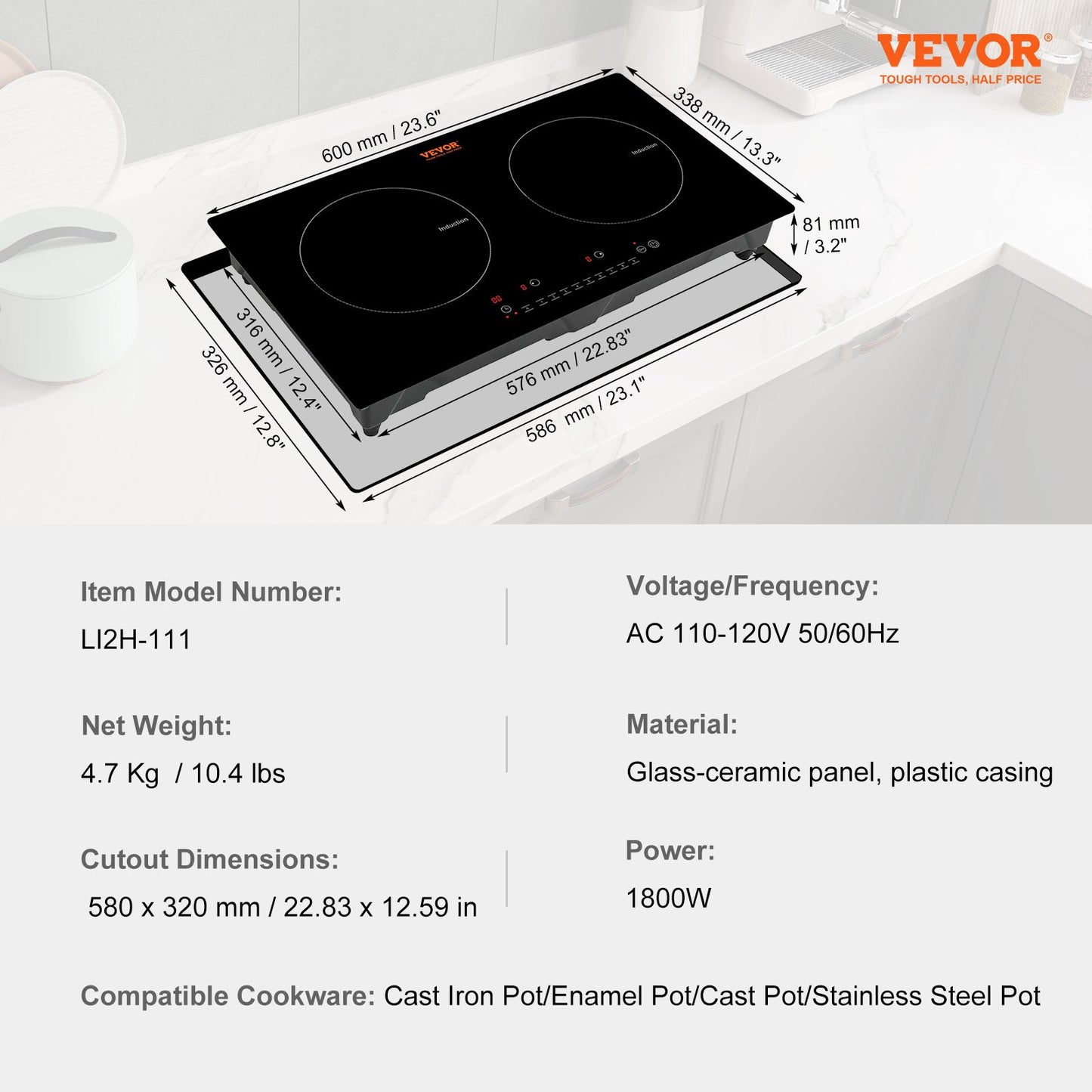 Electric Cooktop, 2 Burners, 24'' Induction Stove Top, Built-in Magnetic Cooktop 1800W, 9 Heating Level Multifunctional Burner, LED Touch Screen w/ Child Lock & Over-Temperature Protection
