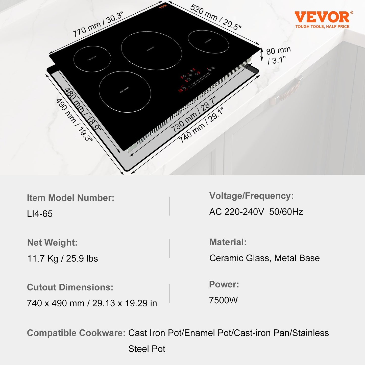 Electric Cooktop, 4 Burners, 30'' Induction Stove Top, Built-in Magnetic Cooktop 7500W, 9 Heating Level Multifunctional Burner, LED Touch Screen w/ Child Lock & Over-Temperature Protection