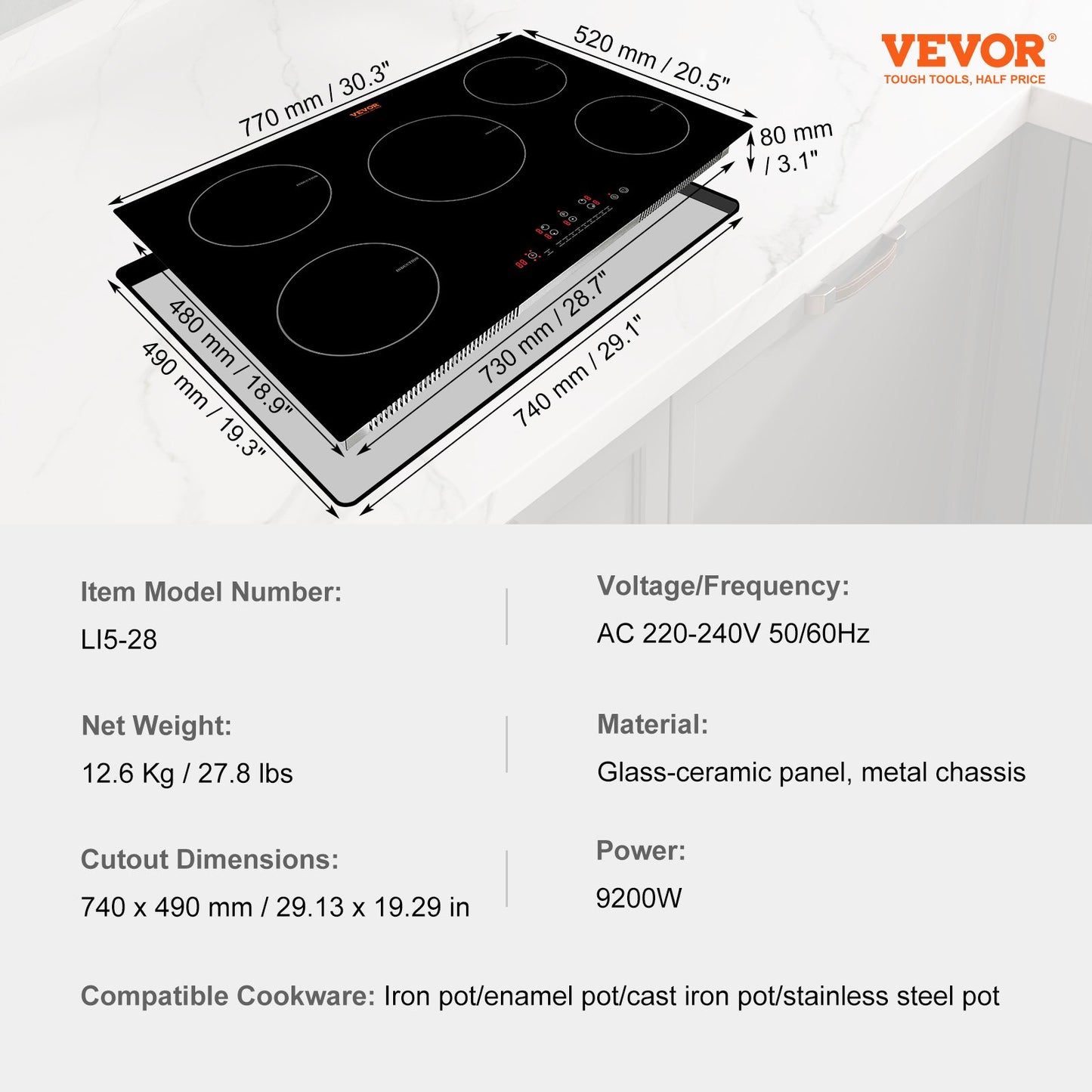 Electric Cooktop, 5 Burners, 30'' Induction Stove Top, Built-in Magnetic Cooktop 9200W, 9 Heating Level Multifunctional Burner, LED Touch Screen w/ Child Lock & Over-Temperature Protection