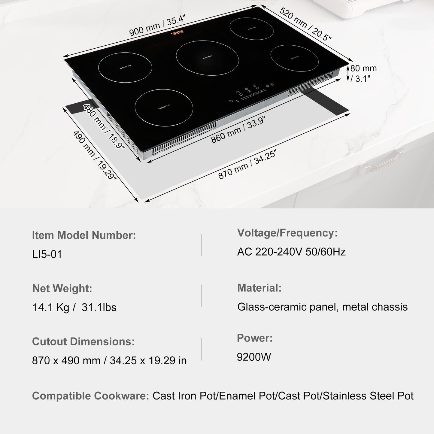 Electric Cooktop, 5 Burners, 36'' Induction Stove Top, Built-in Magnetic Cooktop 9200W, 9 Heating Level Multifunctional Burner, LED Touch Screen w/ Child Lock & Over-Temperature Protection