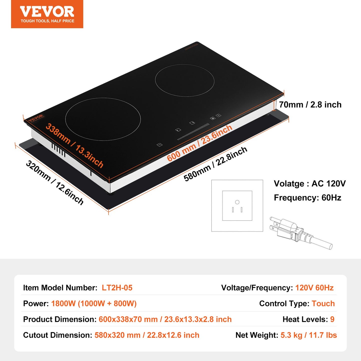 Electric Cooktop, 24 inch 2 Burners Built-in Electric Stove Top, 1800W Ceramic Top Radiant Cooktop with Glass Panel, Touch Control, Timer, Child Lock, 9 Heat Level, Residual Heat Indicator, 120V