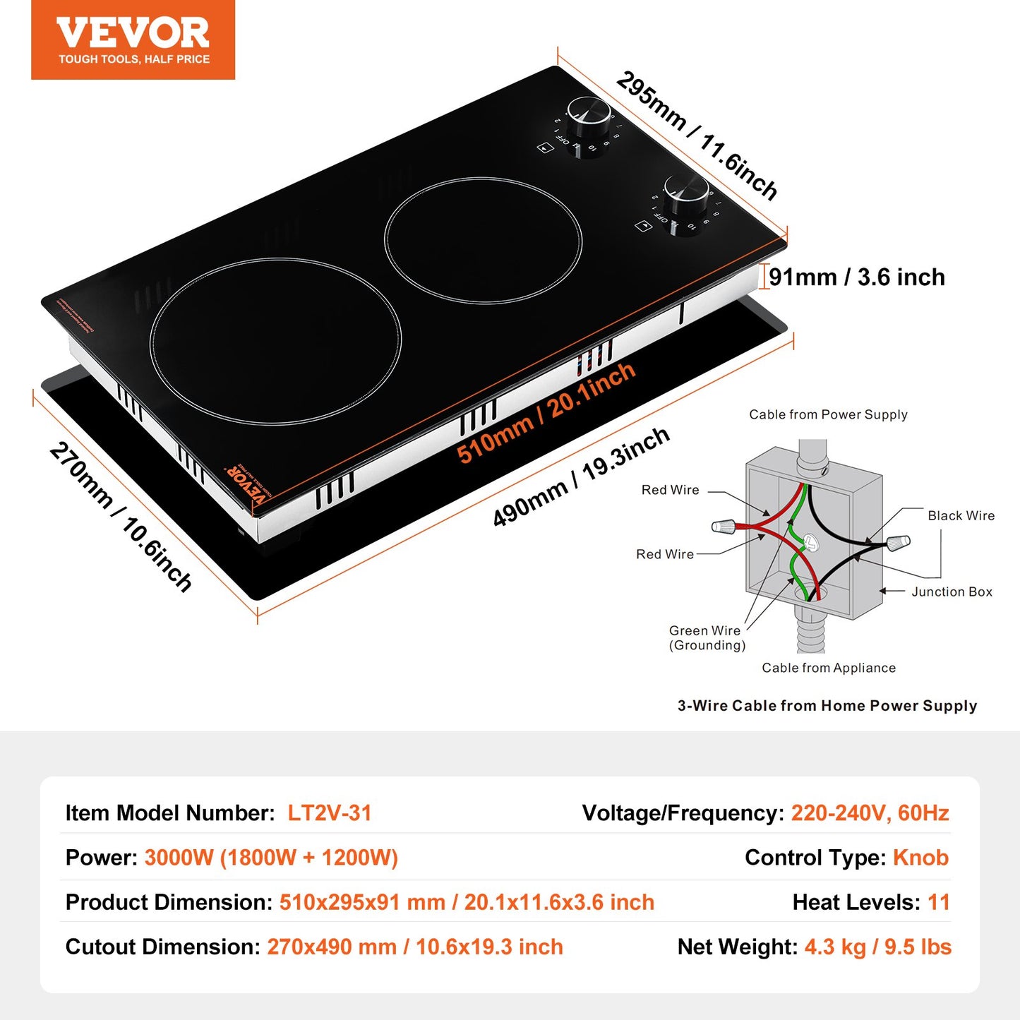 Electric Cooktop, 12 inch 2 Burners Built-in Electric Stove Top, 3000W Ceramic Top Radiant Cooktop, with Glass Panel, Knob Control, 11 Heat Levels, 220-240V, Hard Wire (No Plug)